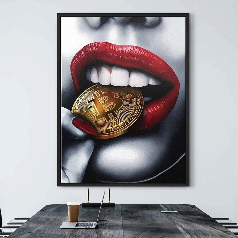 DOTCOMCANVAS® Leinwandbild Bitcoin rote Bitcoin girl elegant Leinwandbild Rahmen Lippen Girl, Crypto mit Erotik Münze goldener