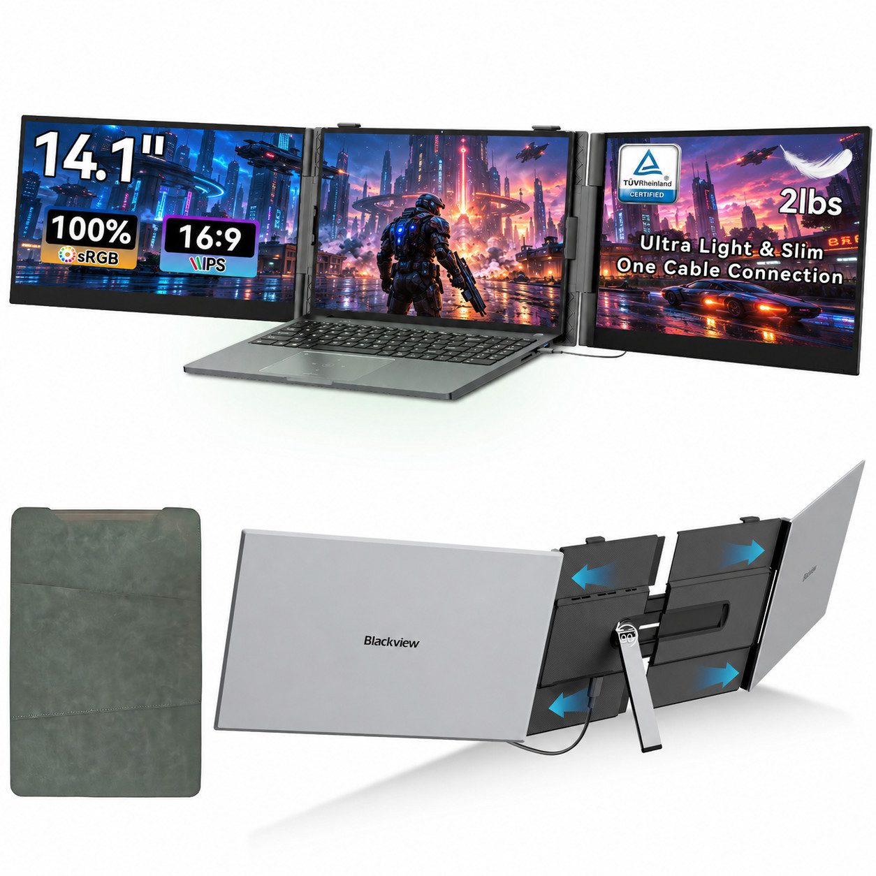 blackview DCM6 Pro 14" FHD, Dual-Screen Tragbarer Monitor, Nur ein Kabel, für Notebook