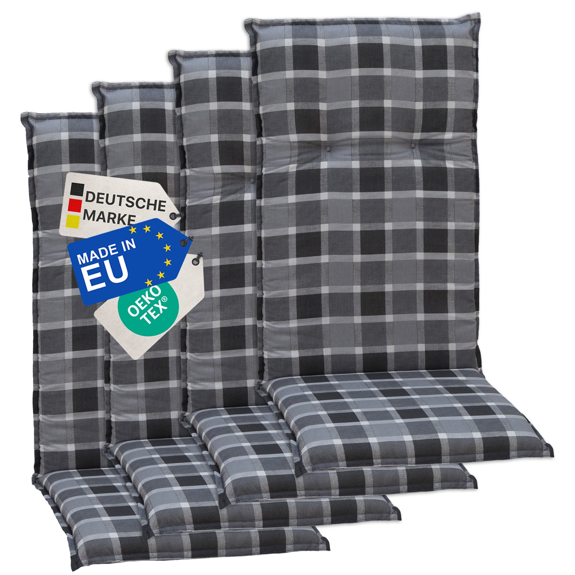 NYVI Hochlehnerauflage Hochlehner Auflagen 4er Set Barcelona - Gartenstuhlauflagen 118x50cm, (4 St), Stuhlauflage, Sitzauflage mit Halteband, UV-fest, Kariert Karo