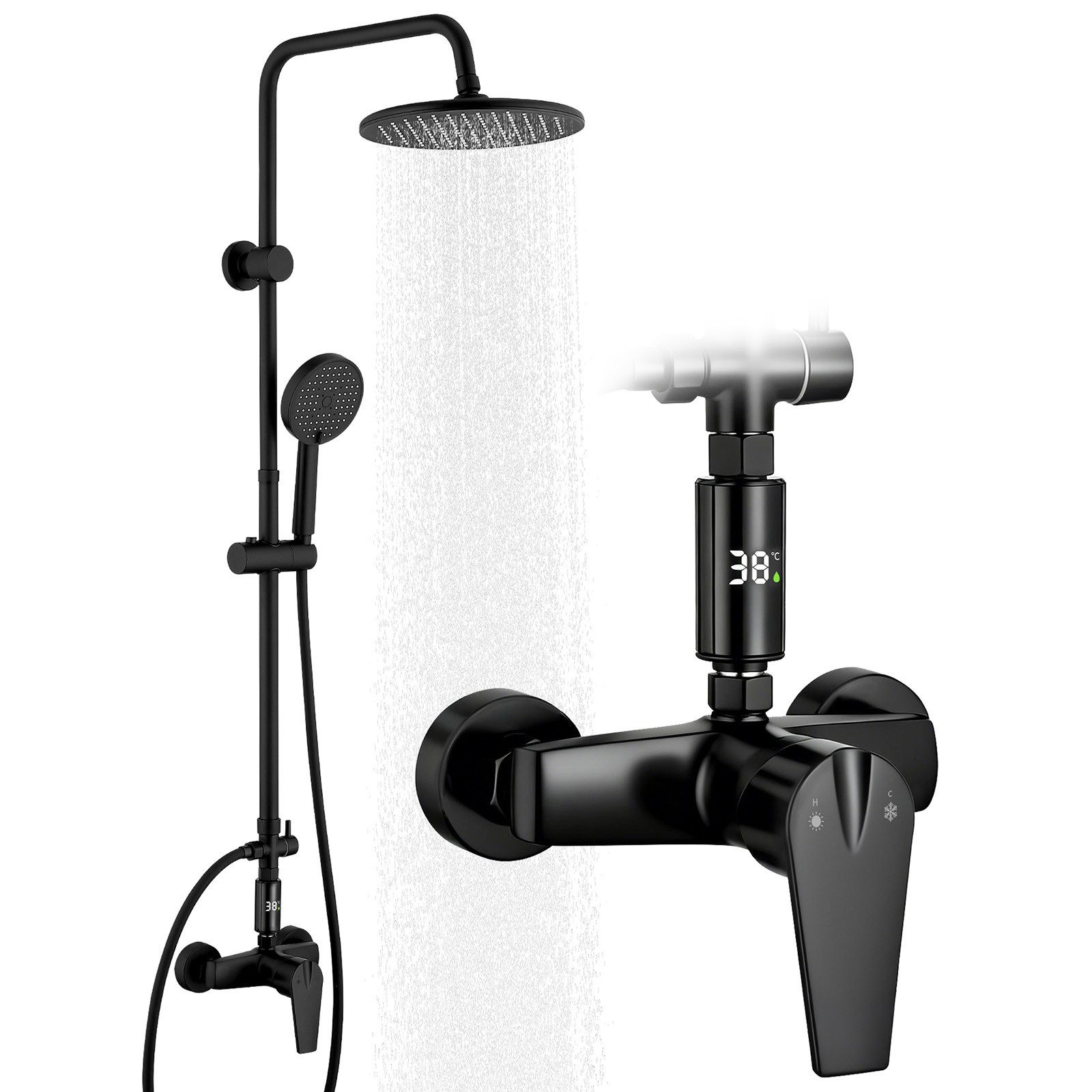 HOMELODY Duschsystem Regendusche 10 Zoll LED Temperaturanzeige 2 Funktionen, Mit LED Anzeige, 3 Strahlarten, höhenverstellbar, kein zweites Bohren