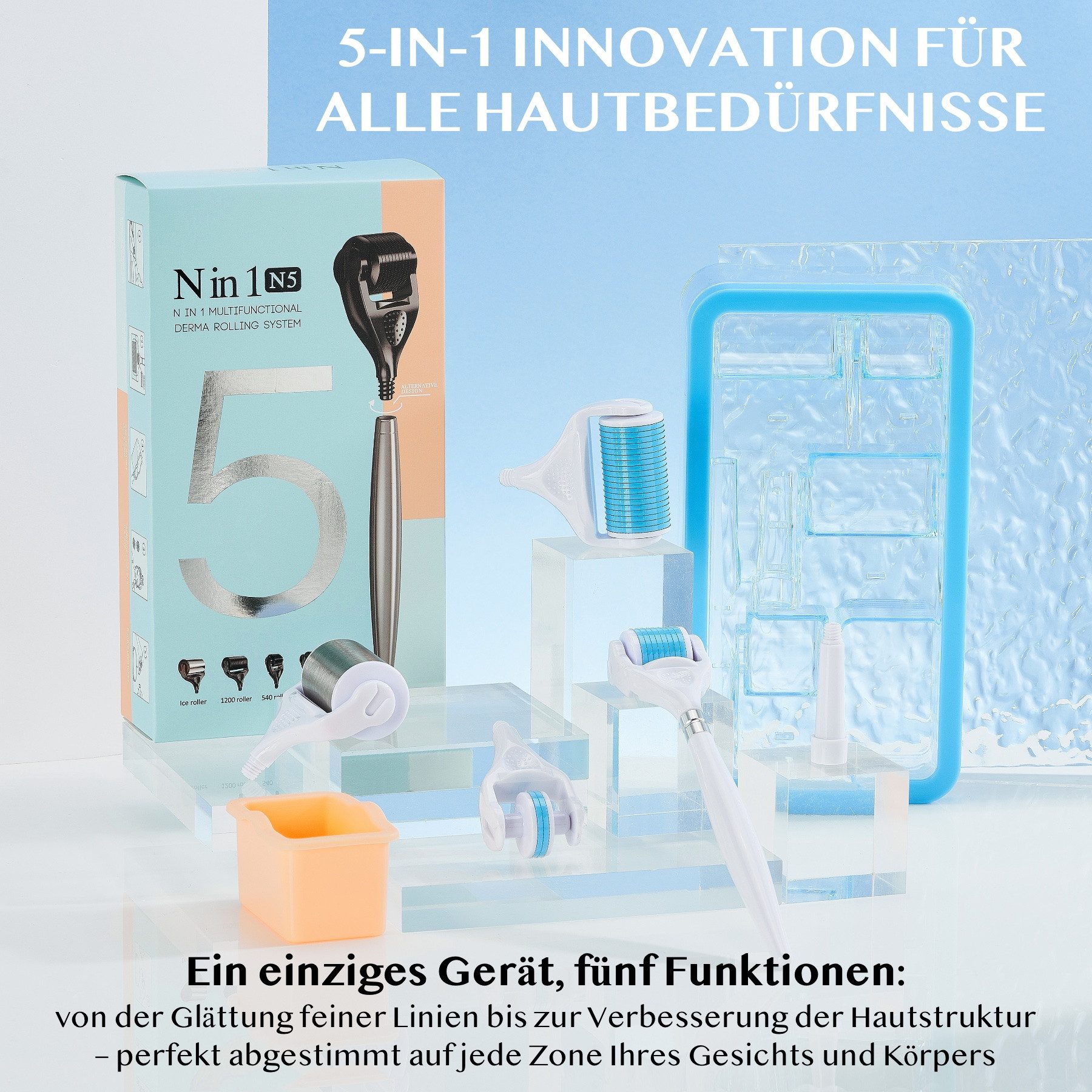 P-Beauty Cosmetic Accessories Dermaroller Derma Roller Microneedling Haarwachstum Gesichtspflege 5 in 1 Set, Dermaroller, Microneedling, 5 in 1, Hautpflege