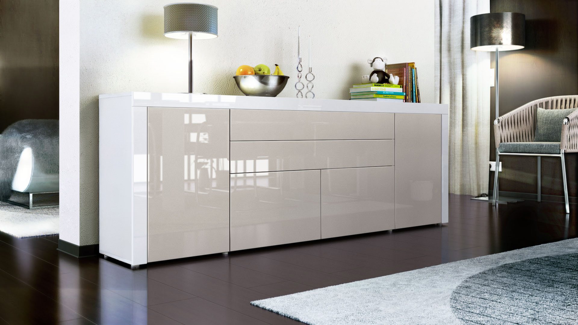 Vladon Sideboard La Paz V2 (Kommode mit 2 Türen, 2 Schubkästen und 2 Klappen, Korpus Weiß matt), Front Sandgrau Hochglanz & Weiß Hochglanz (200 x 72 x 35 cm)