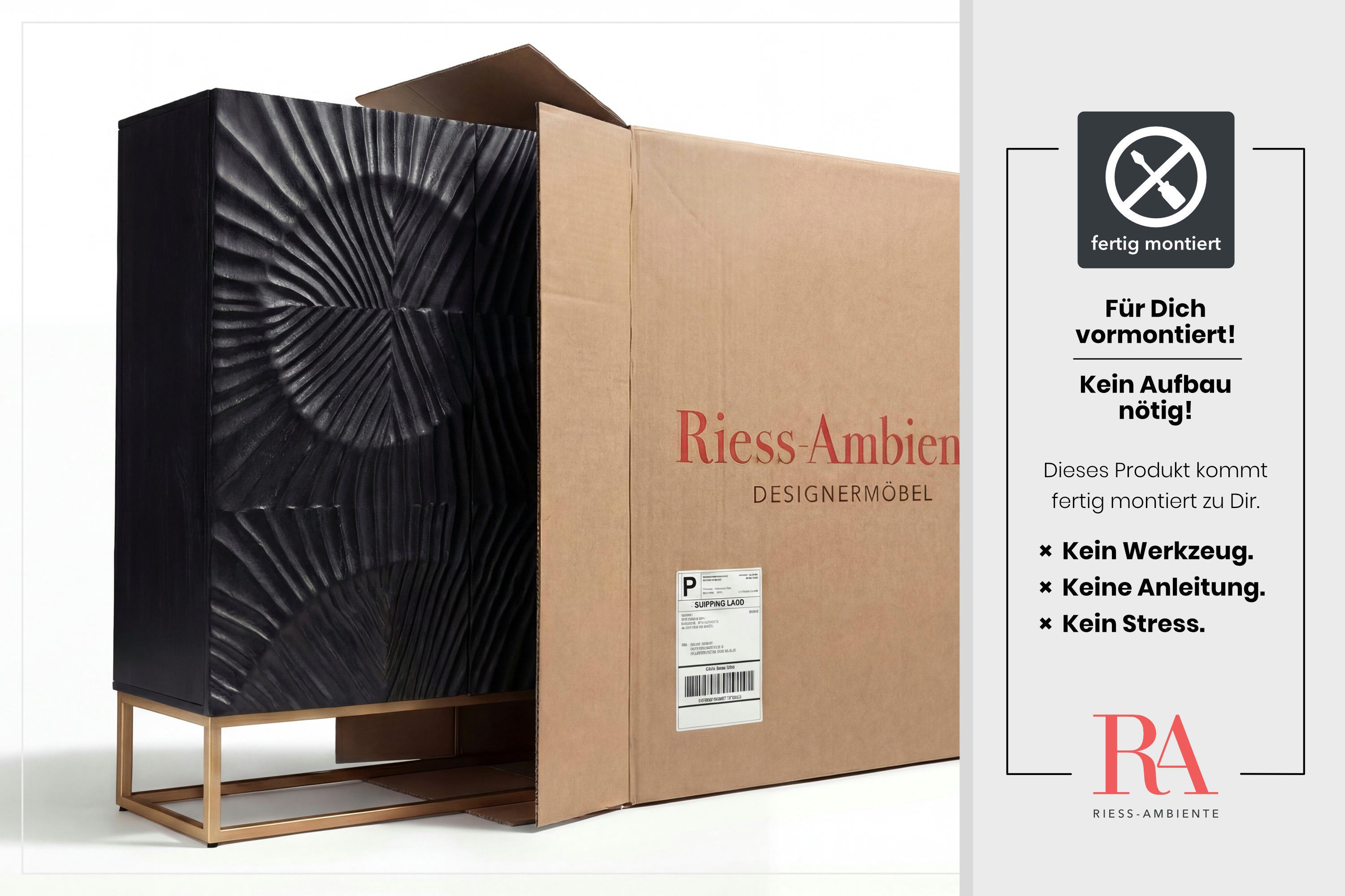riess-ambiente Highboard SCORPION 120cm schwarz, Massivholz · Schrank · 3D Schnitzereien · Handarbeit · Wohnzimmer
