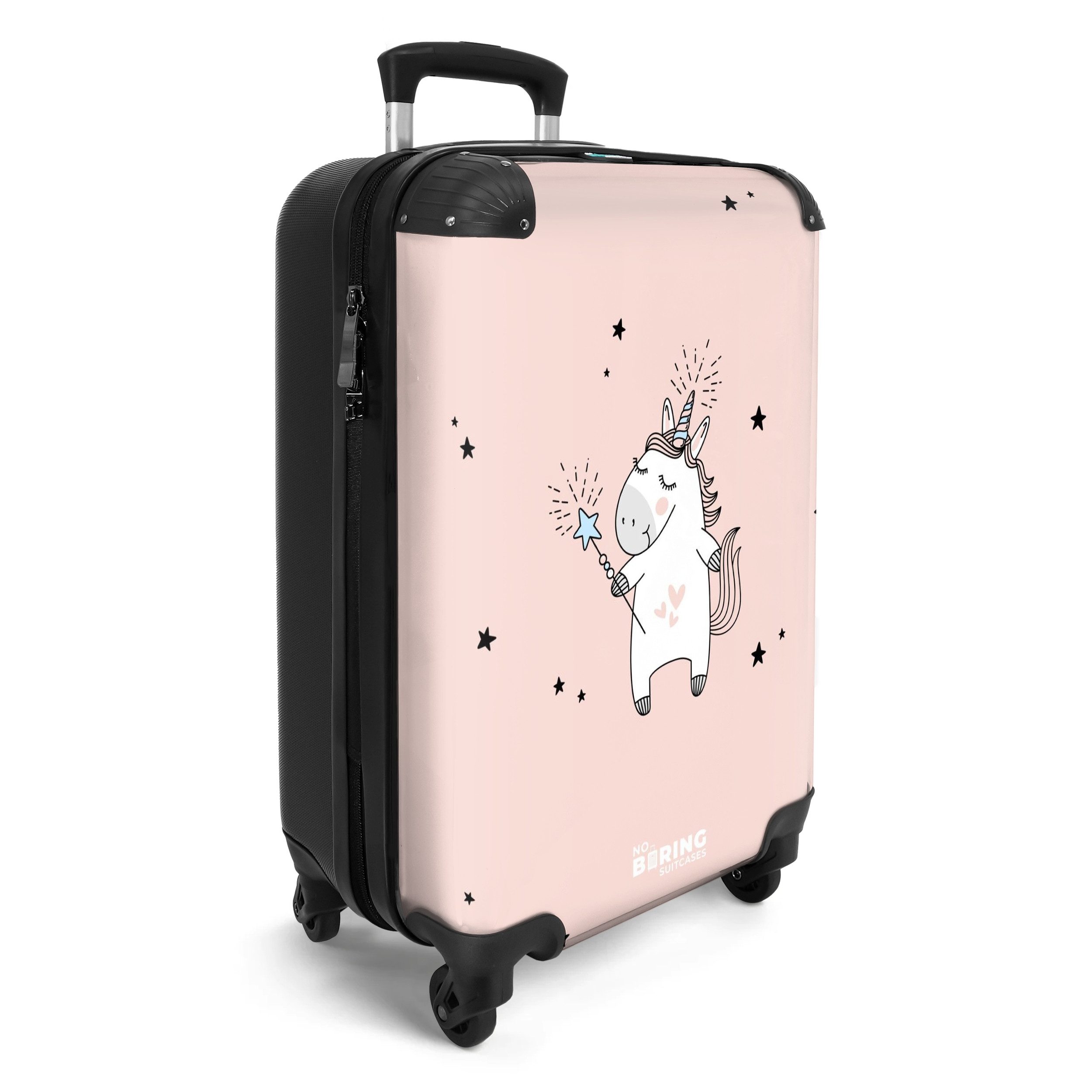 NoBoringSuitcases.com© Kinderkoffer Einhorn - Sterne - Rosa - Mädchen - Design 55x35x20cm, 4 Rollen, Kinder Koffer Klein, Trolley Handgepäck, Reisekoffer