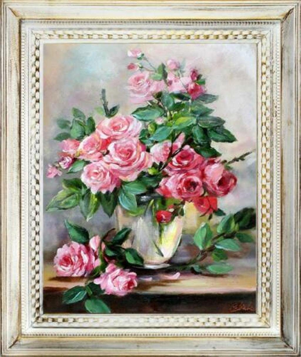 JVmoebel Ölbild Roses - Blumen Pflanzen Bild Bilder Gemälde Ölbilder Rahmen Sofort, (1 St)
