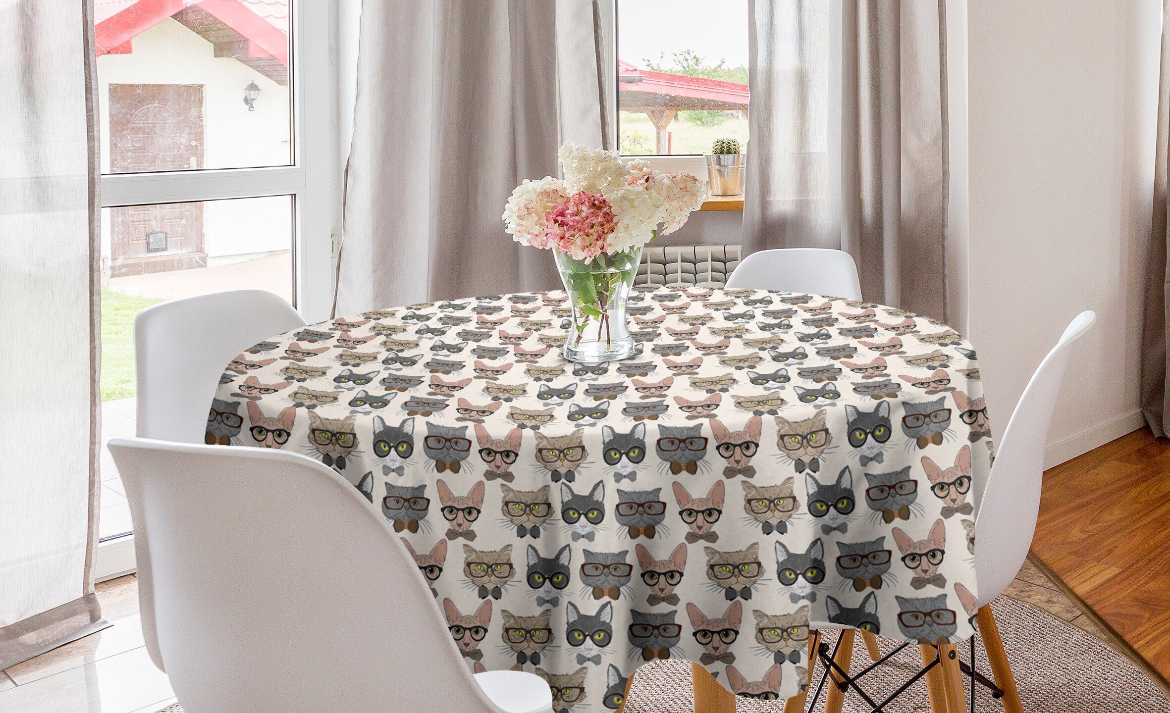 Abakuhaus Tischdecke Kreis Tischdecke Abdeckung für Esszimmer Küche Dekoration, Katze Hipster-Nerd Charaktere