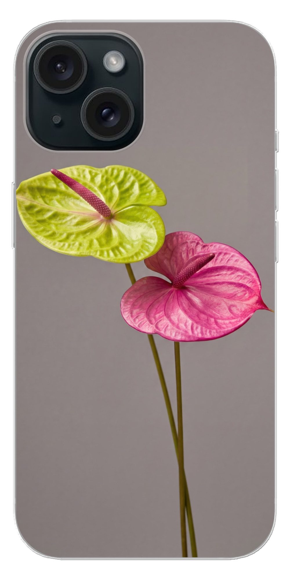 MuchoWow Handyhülle für Apple iPhone 15 Pflanzen - Anthurium - Grün - Rosa, Smartphone-Bumper, Print, Handy Schutzhülle Dünn