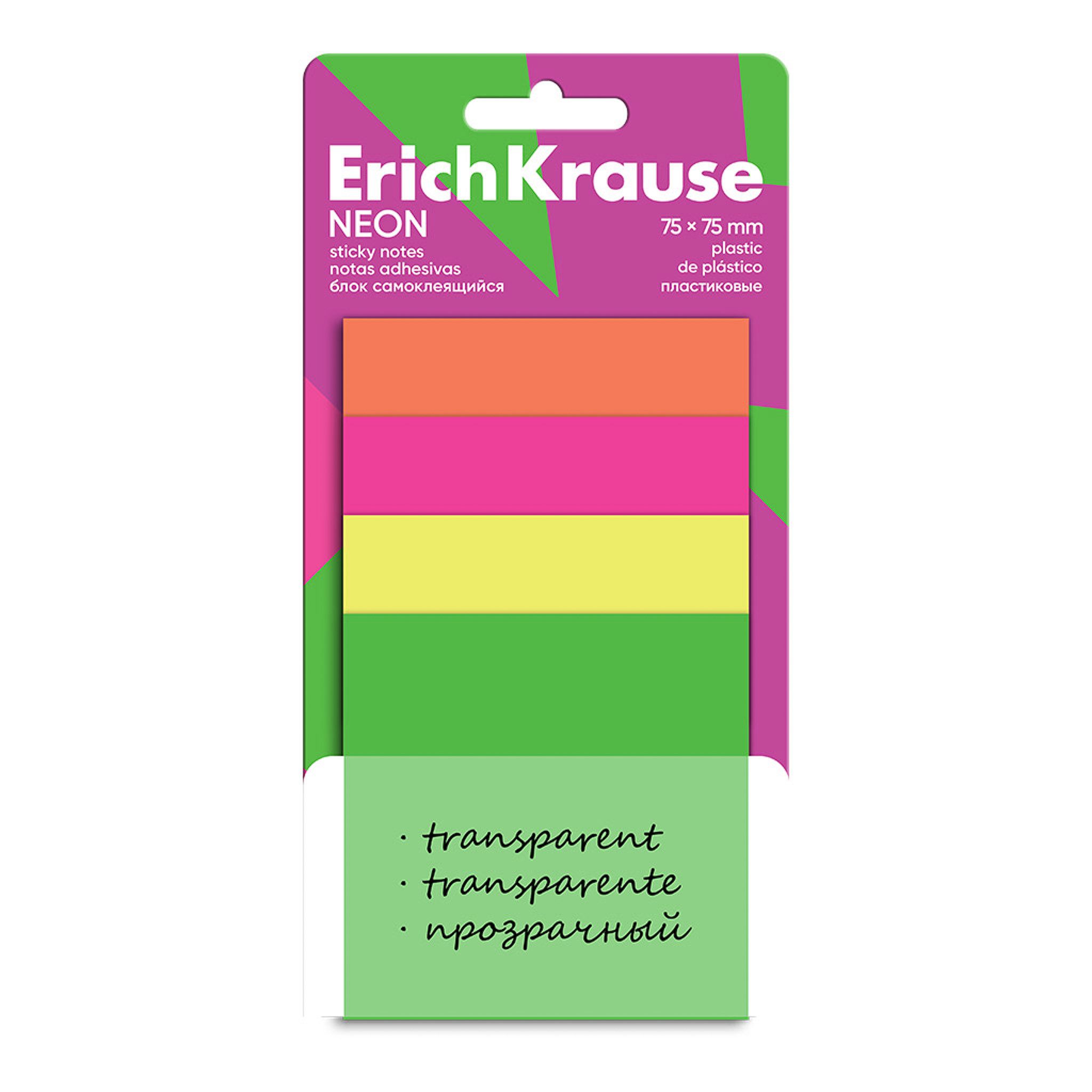 Erich Krause Haftnotizblock, Haftnotizen 75mm Plastik 40 Blatt Neonfarben / transparent