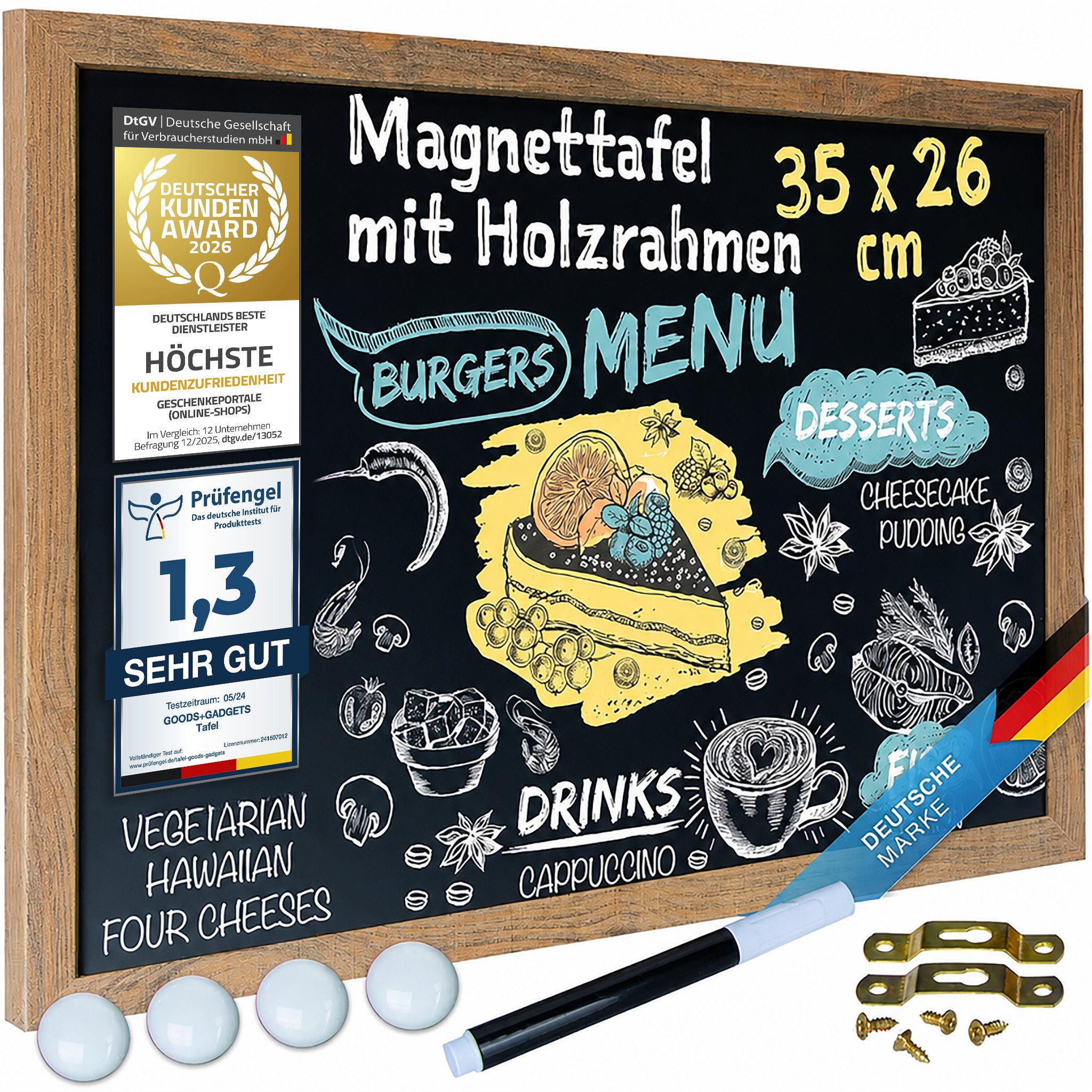 Goods+Gadgets Magnettafel Magnettafel Kreidetafel – Holzrahmen Magnet Board für Küche & Büro, (Magnet-Tafel zum Aufhängen, mit Holz-Rahmen), inkl. Kreidestift & Magnete