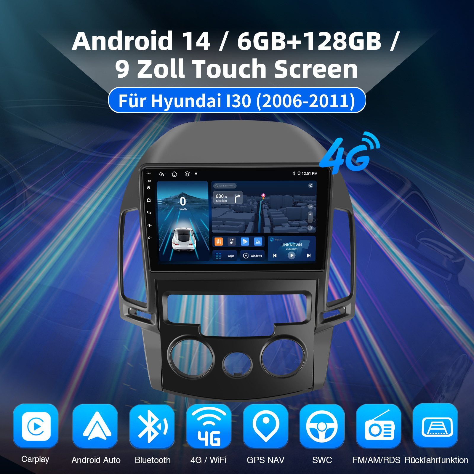 ESSGOO 9'' DAB+ Carplay 6+128G Autoradio Android15 Für Hyundai i30 2006-2011 Autoradio (RDS, Digitalradio (DAB), FM, AM, Carplay Android Auto Bluetooth EQ USB GPS Navi WIFI Touchscreen)