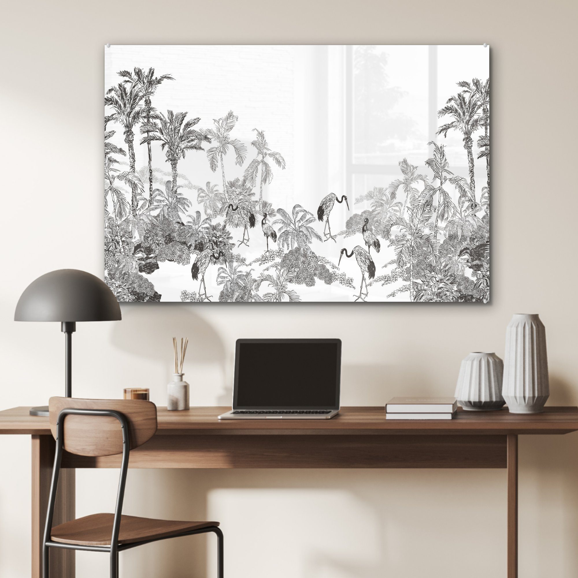 (1 Acrylglasbilder MuchoWow - St), Wohnzimmer - Schlafzimmer - Acrylglasbild Weiß, Vögel Schwarz & Dschungel