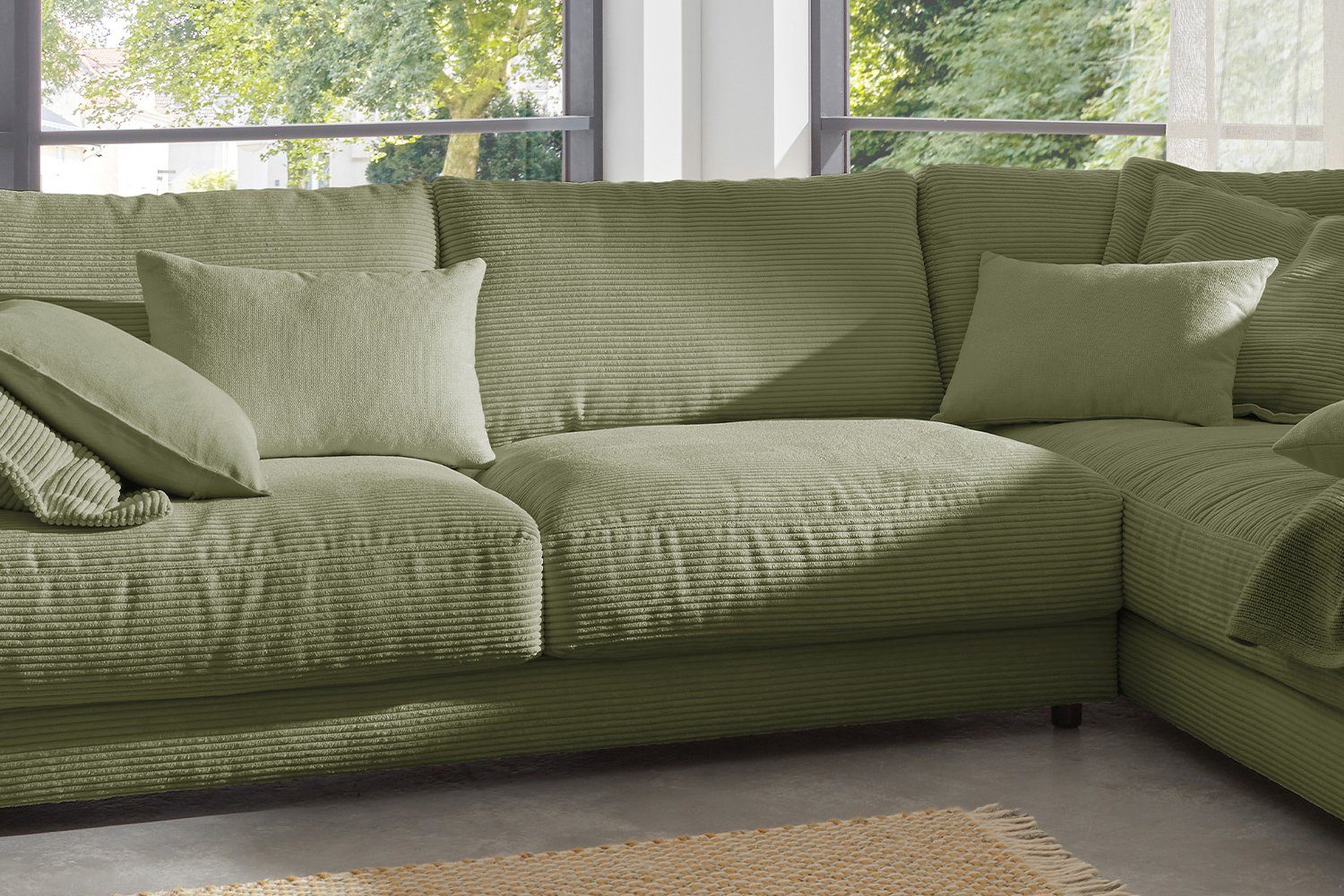 Farben links, Ecksofa od. Sofa versch. Recamiere olivgrün rechts MADELINE, Cord, KAWOLA