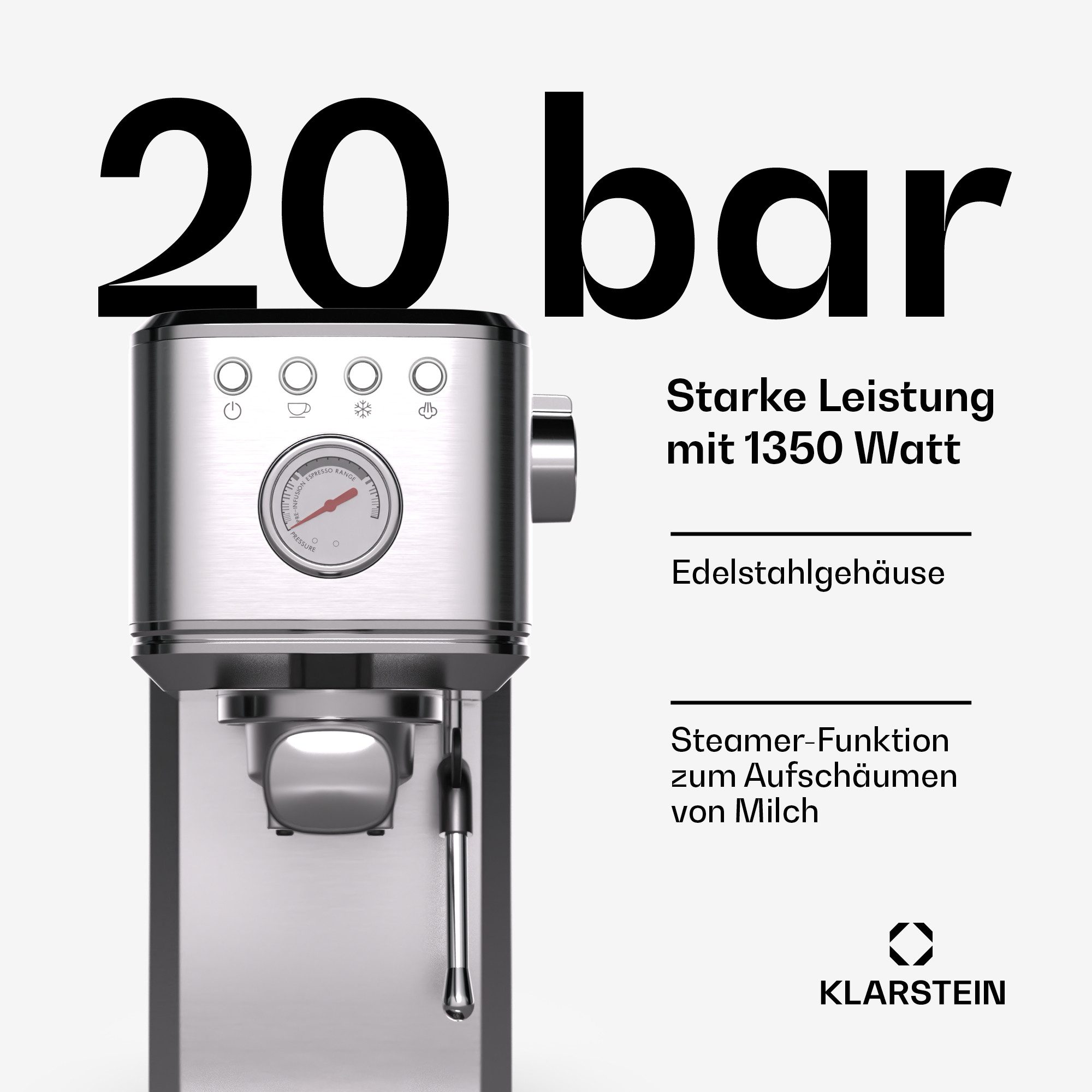 Klarstein Filterkaffeemaschine, Edelstahlfilter, Elektrisch 20 Bar Kaffemaschine Milchaufschäumer