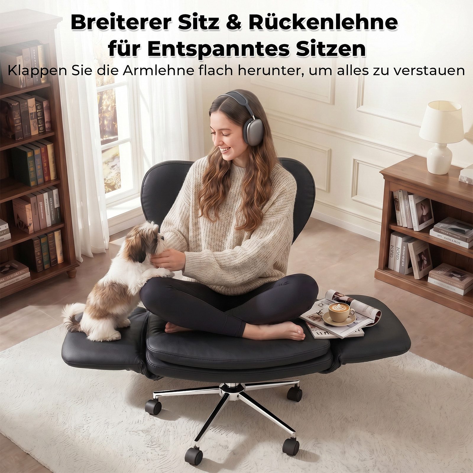 Patbrela Drehstuhl Bürostuhl Chefsessel Ergonomisch mit klappbaren Armlehnen, drehbar, mit klappbarer Tischplatte für Laptop und Rollen – Bild 5 von 5