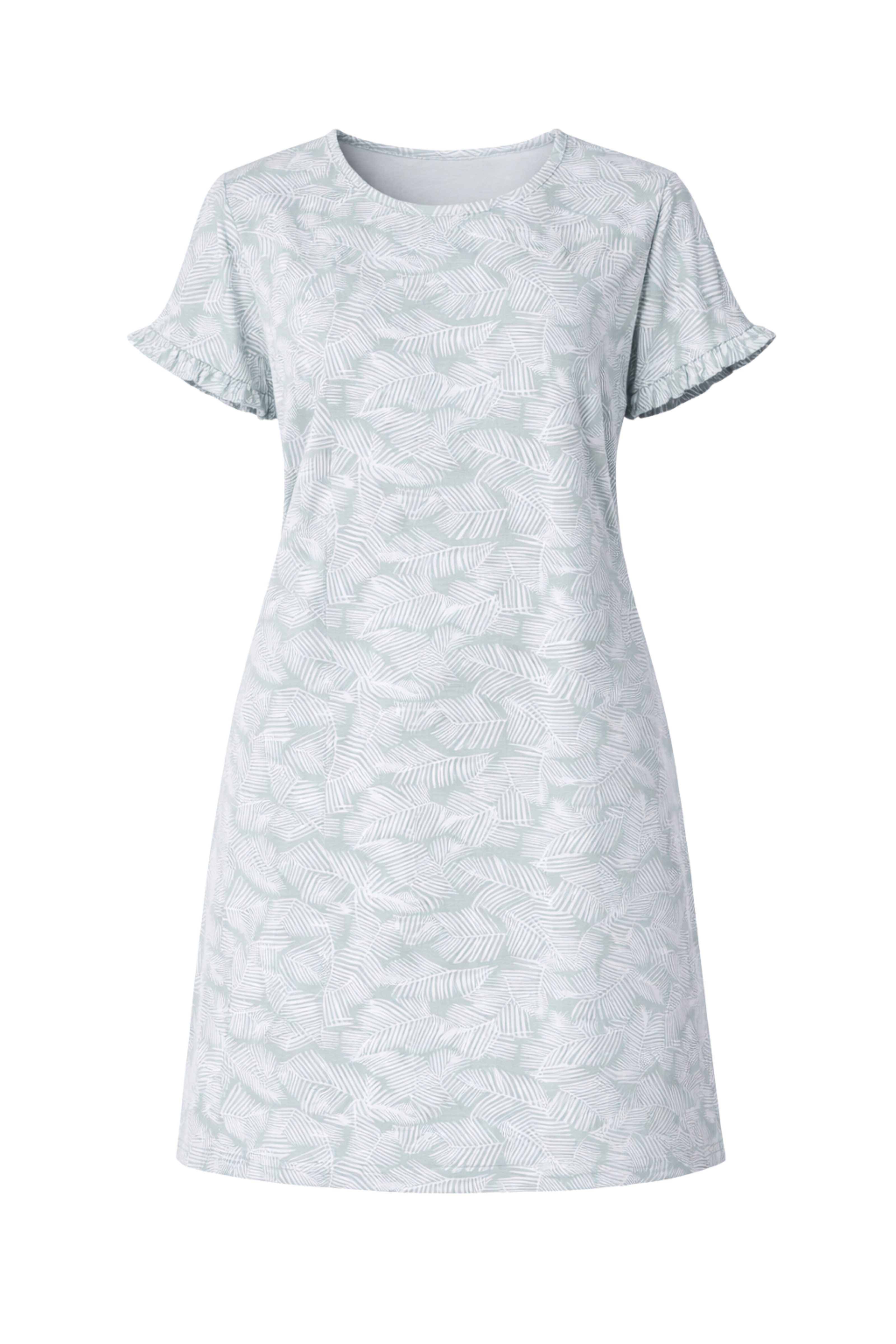 COOLISMO NIGHTWEAR Nachthemd Damen Schlaf-Shirt Baumwolle knielang in Agavengrün mit weißem Palmenmuster & Rüschendetail