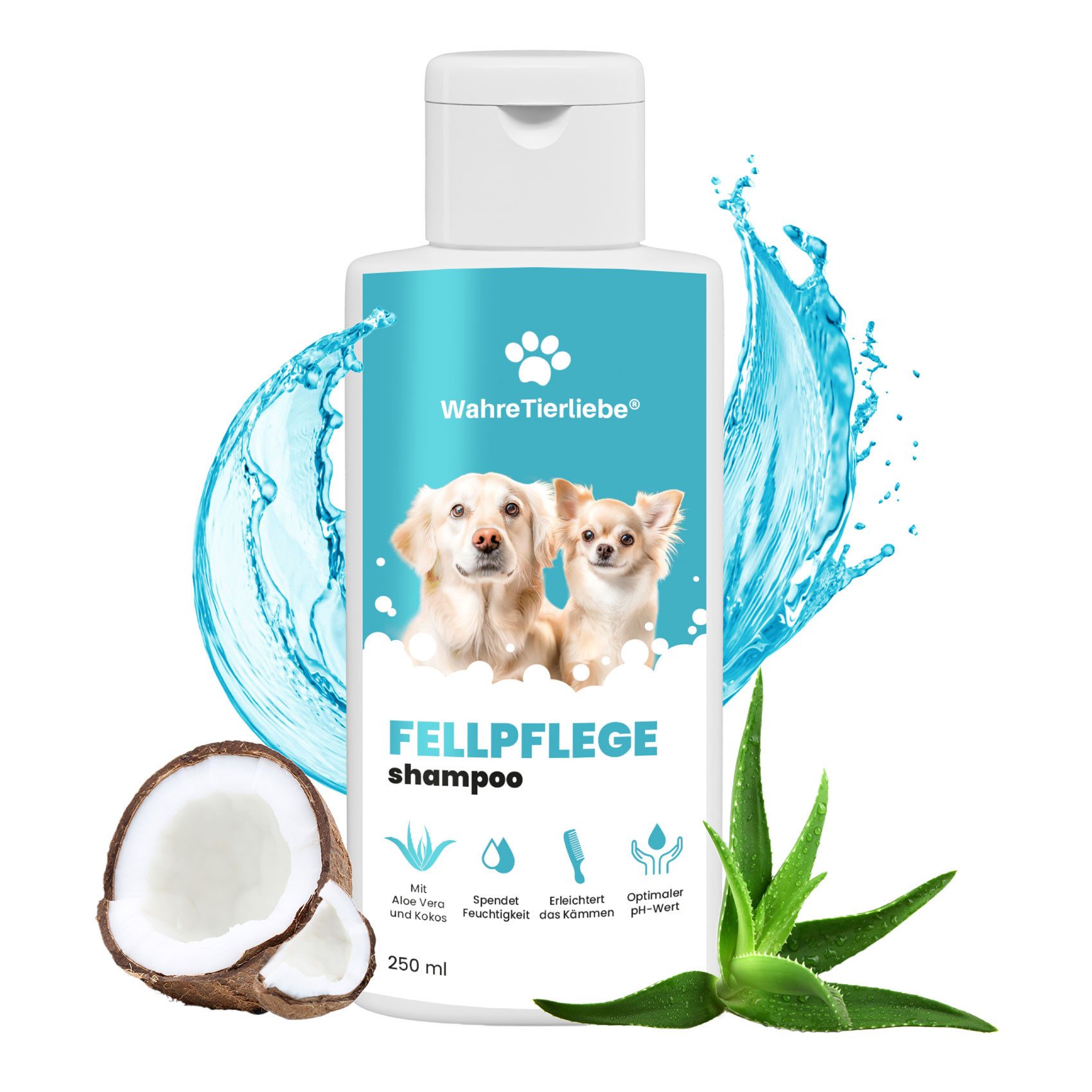 Wahre Tierliebe Tiershampoo Уход за шерстью, PH Neutral, Kokosnuss, Aloe Vera gegen Geruch und Schmutz, 250 ml, PH Neutral, Feuchtigkeitsspendend, Kokusnuss, Aloe Vera, Silikonfrei