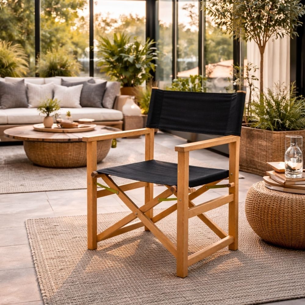 LebensWohnArt Stuhl Teak Klappstuhl REGIE natural – Outdoorstoff schwarz Wintergarten