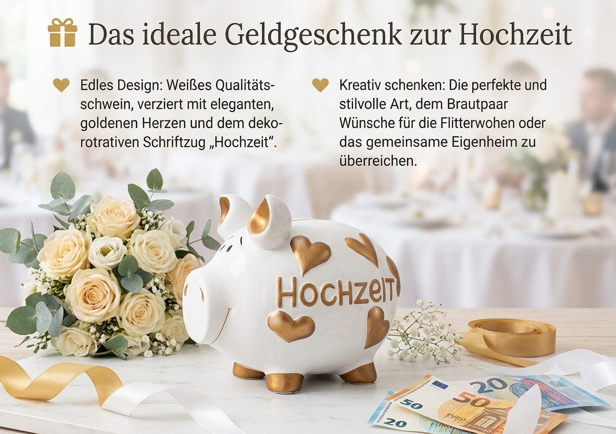 Wurm Spardose Sparschwein 'Hochzeit' weiß gold (B/H/T) 30x25x25cm groß – Bild 4 von 4