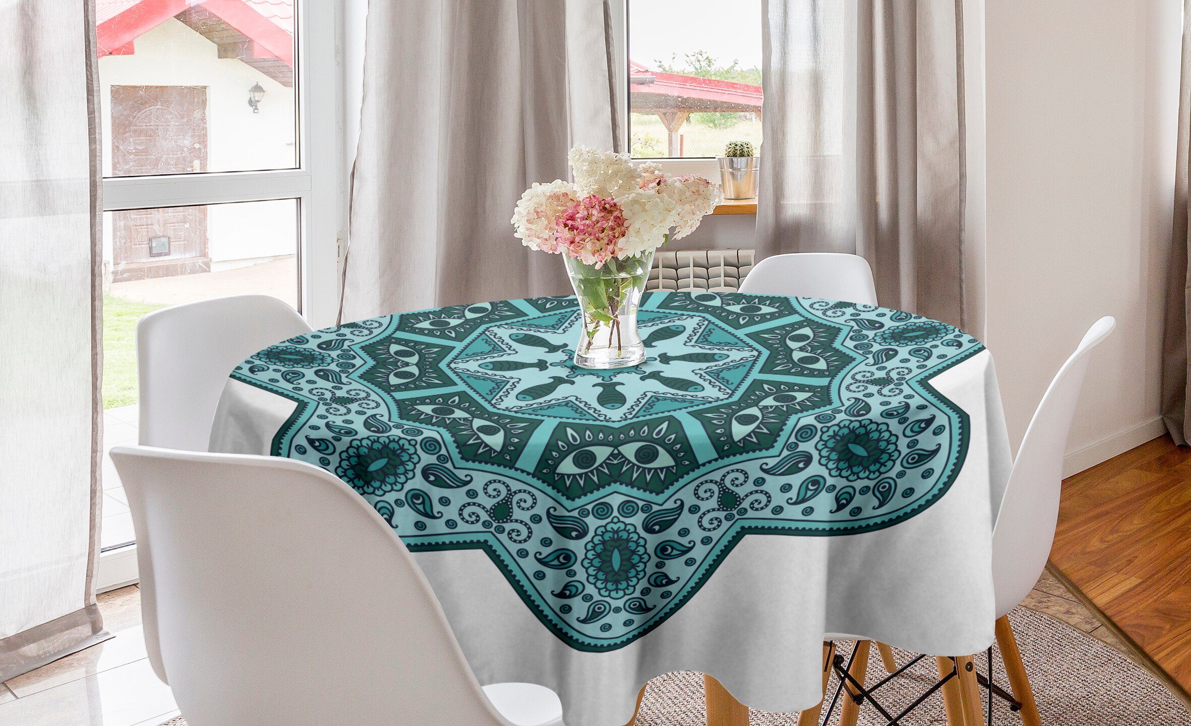 für Esszimmer Teal Tischdecke Dekoration, Tischdecke Abdeckung Küche Mandala Abakuhaus Kreis Ostchinesischen