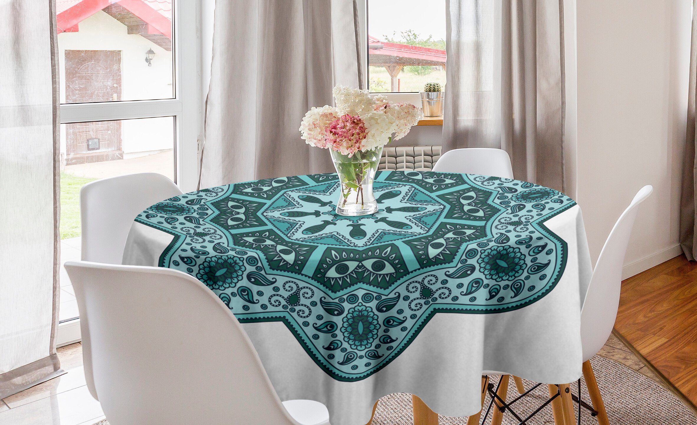 Abakuhaus Tischdecke Kreis Tischdecke Abdeckung Teal für Mandala Esszimmer Dekoration, Ostchinesischen Küche