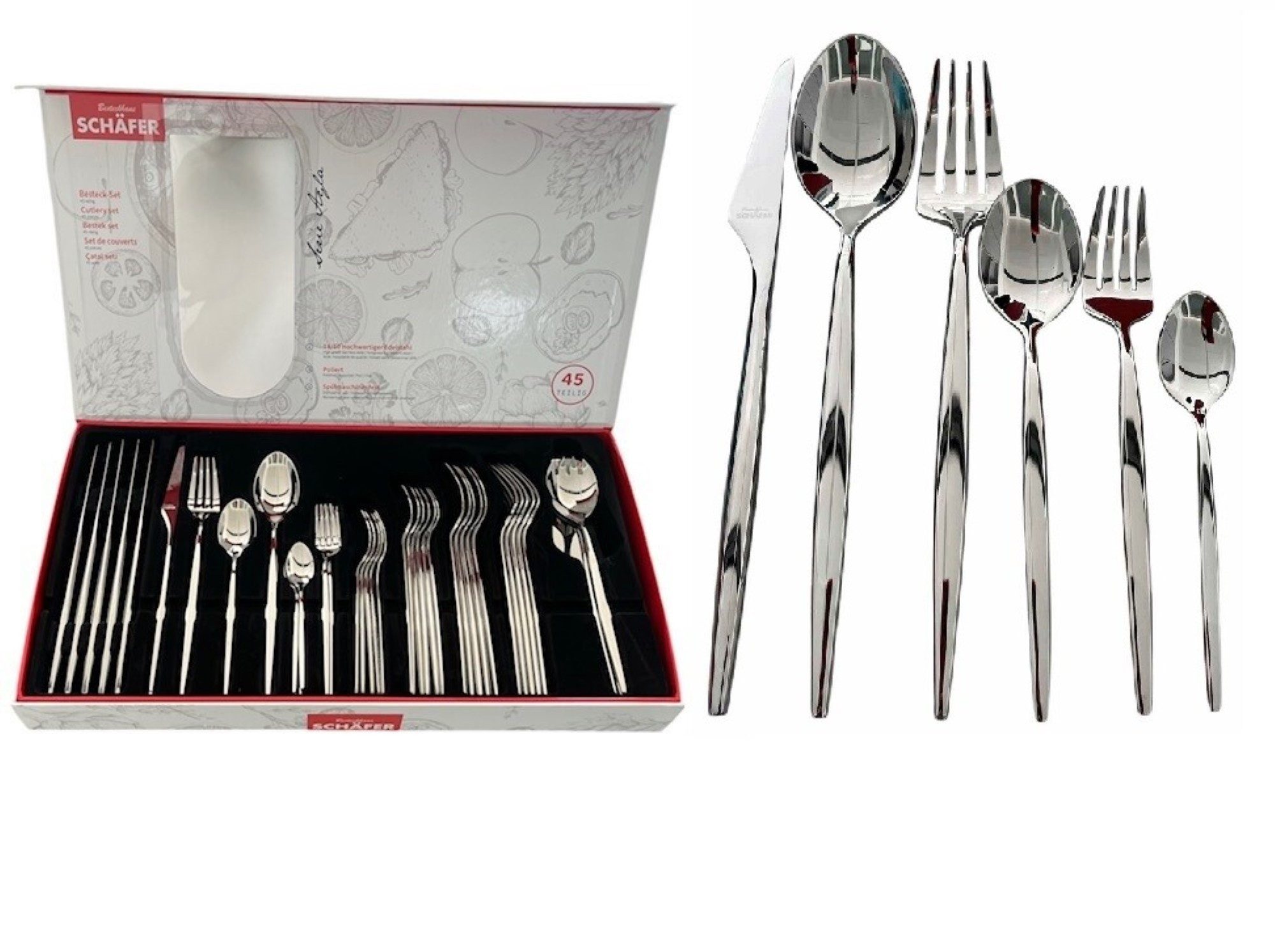 Schäfer Elektronik Besteck-Set 45 tlg. Menübesteck-Set Silber aus 18/10-Edelstahl für 6 Personen (45-tlg)