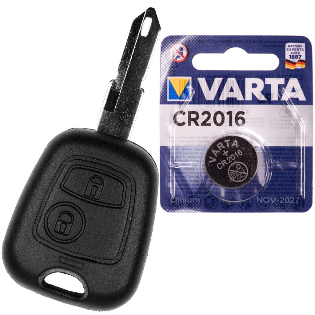 mt-key Auto Schlüssel Ersatz Gehäuse 2 Tasten + NE73 Rohling + VARTA CR2016 Knopfzelle, CR2016 (3 V), für Peugeot 206 CC SW Funk Fernbedienung
