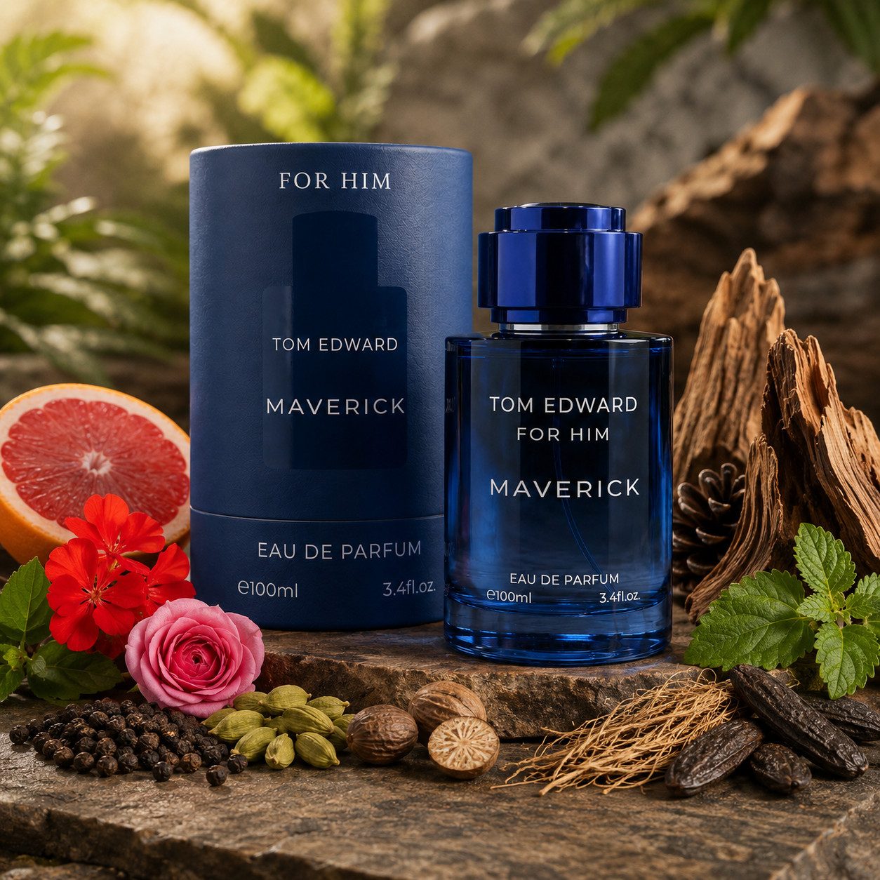 TOM EDWARD Eau de Parfum Tom Edward Maverick for Him Herrenduft Wurzig Holzig e100 ml, Hergestellt in UK, Premium Herenduft, Langanhaltend, Schone Verpackung
