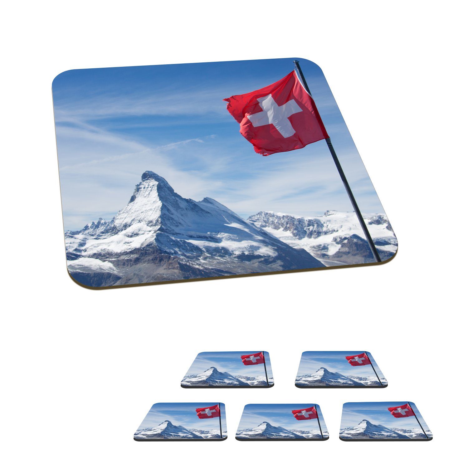 MuchoWow Glasuntersetzer Schweizer Flagge am Matterhorn in der Schweiz, Zubehör für Gläser, 6-tlg., Glasuntersetzer, Tischuntersetzer, Korkuntersetzer, Untersetzer, Tasse