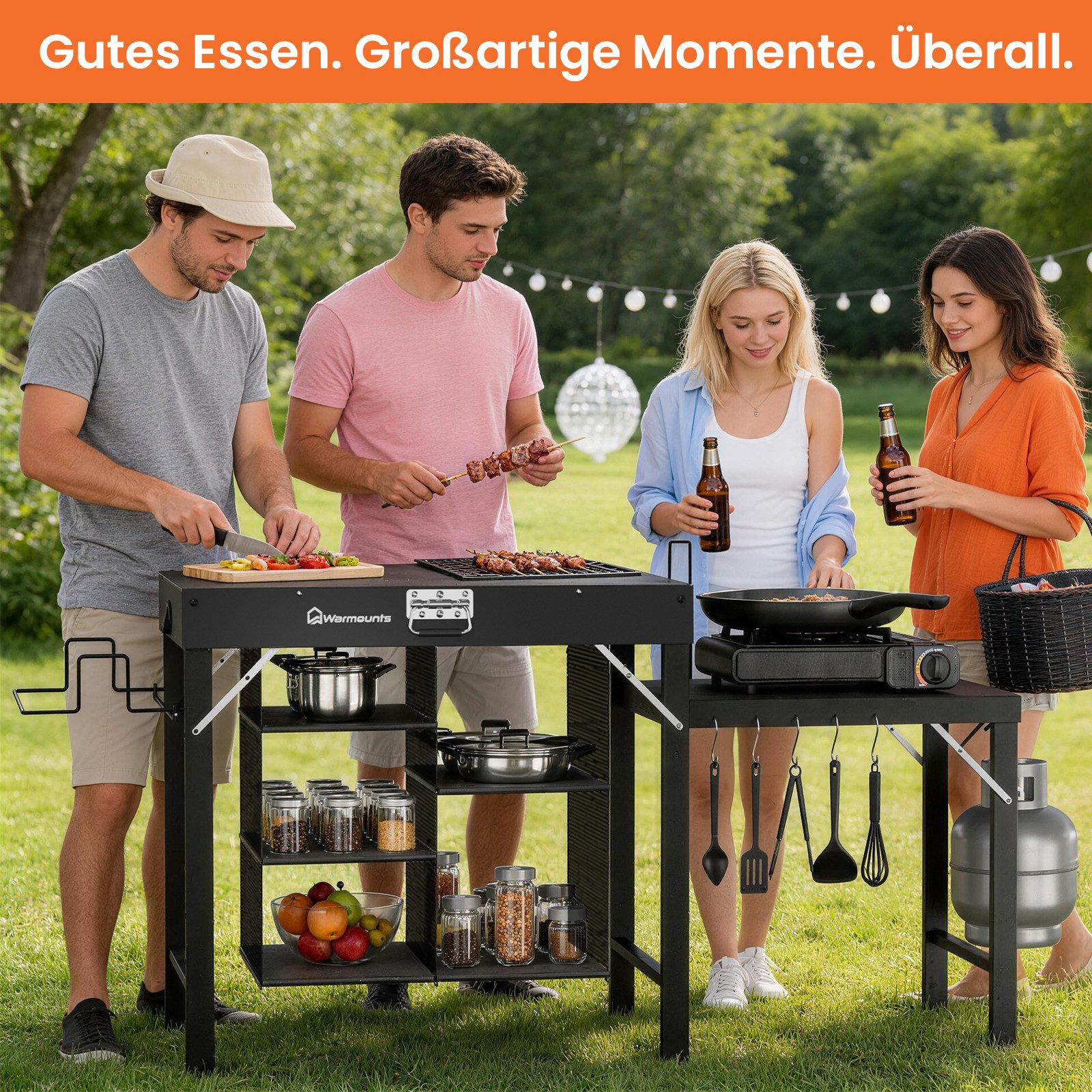 Warmounts Grillablagetisch 3-Etagen Multifunktional Grilltisch Service-Tisch Klappbar 110x45x75cm (Gartentisch BBQ Grilltisch mit Arbeitsplatte und Staufächern, 5 Haken), Haupttisch Tragfähigkeit bis 200kg, für Outdoor, Garten & Picknick