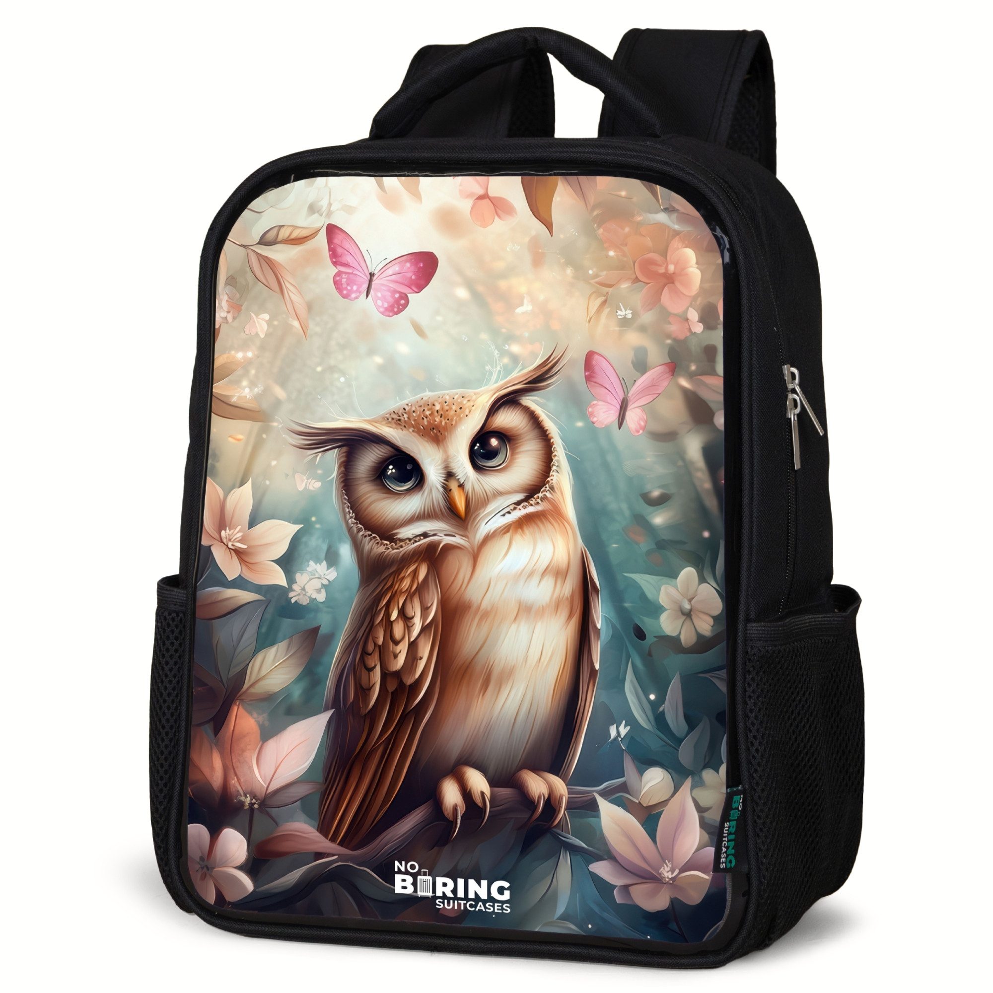 NoBoringSuitcases.com© Rucksack Eule mit Schmetterlingen im mystischen Wald, Kinderrucksack Schwarz, Schulrucksack, Freizeitrucksack Jungen Mädchen
