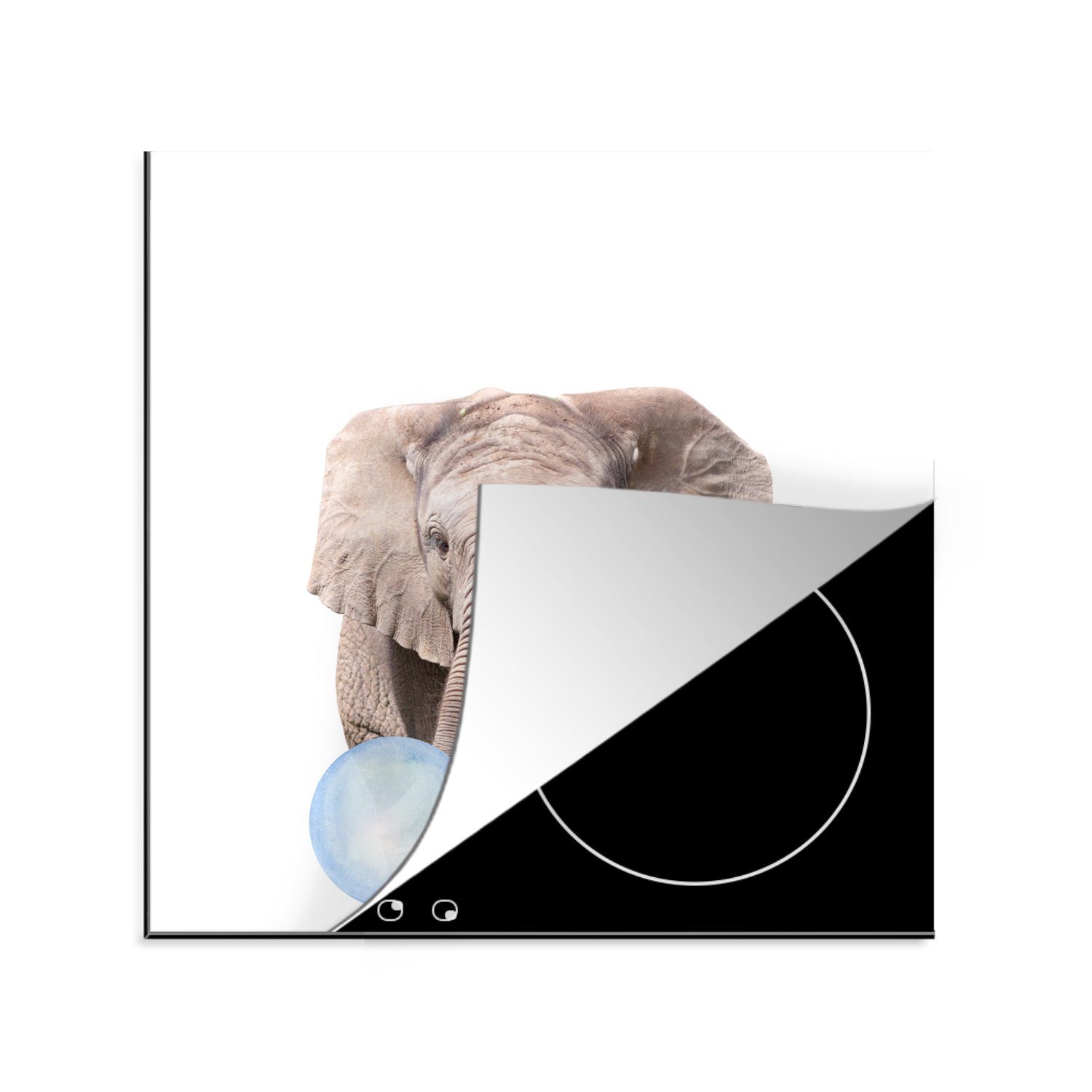 Herdblende-/Abdeckplatte - Kind, MuchoWow - Ceranfeldabdeckung, Vinyl, 78x78 küche Blau Arbeitsplatte cm, tlg), - Tiere - Junge (1 für Elefant Kaugummi -
