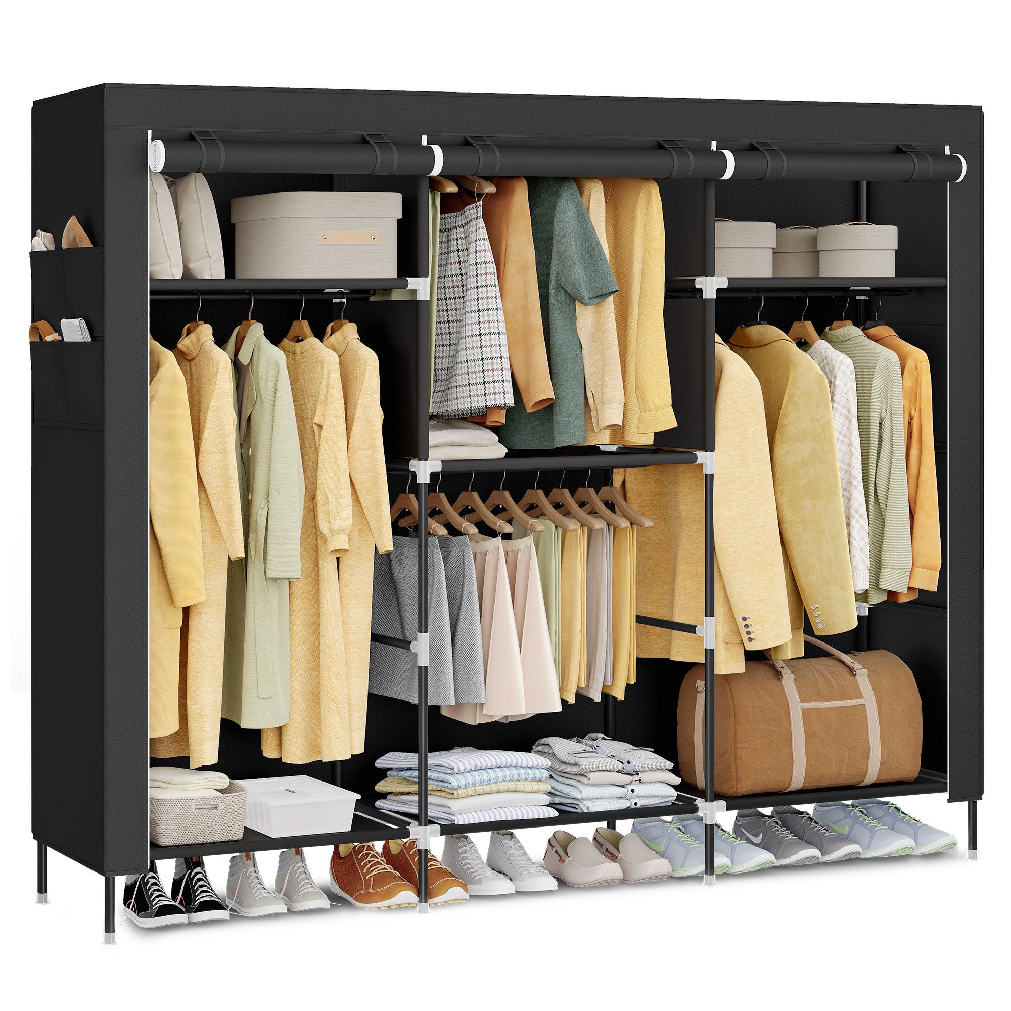 SONGMICS Kleiderschrank Stoffschrank, Schrank mit Kleiderstange, Ablagen, Seitentaschen, groß 4 Hängefächer, 45 x 189 x 180 cm