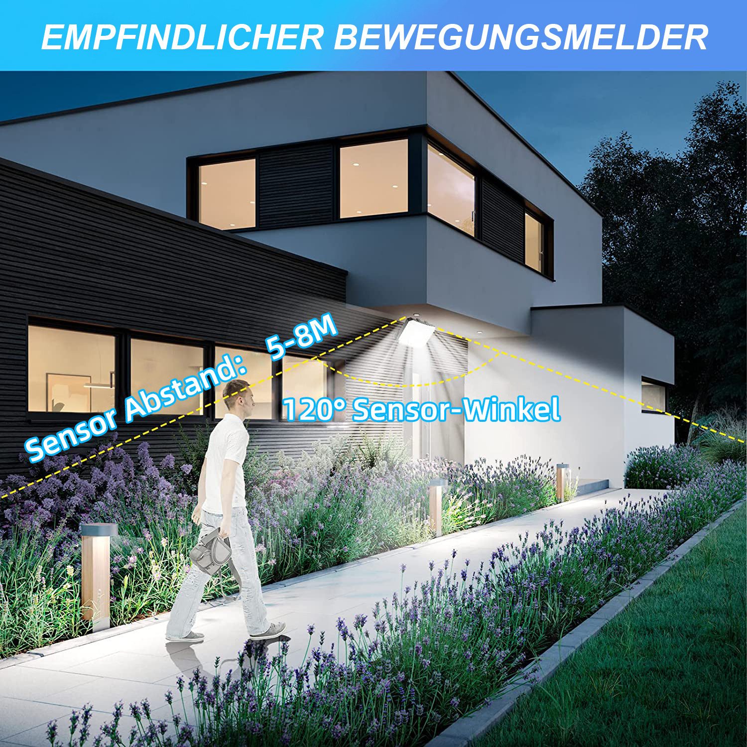 LMaxhome LED Solarleuchte Solarlampen Mit Fernbedienung&Bewegungsmelder Wasserdichte für Garten, 2 St., 118 LEDs, 6000K, 600LM, 3 Modi, Sensor-120°, LED fest in – Bild 5 von 5