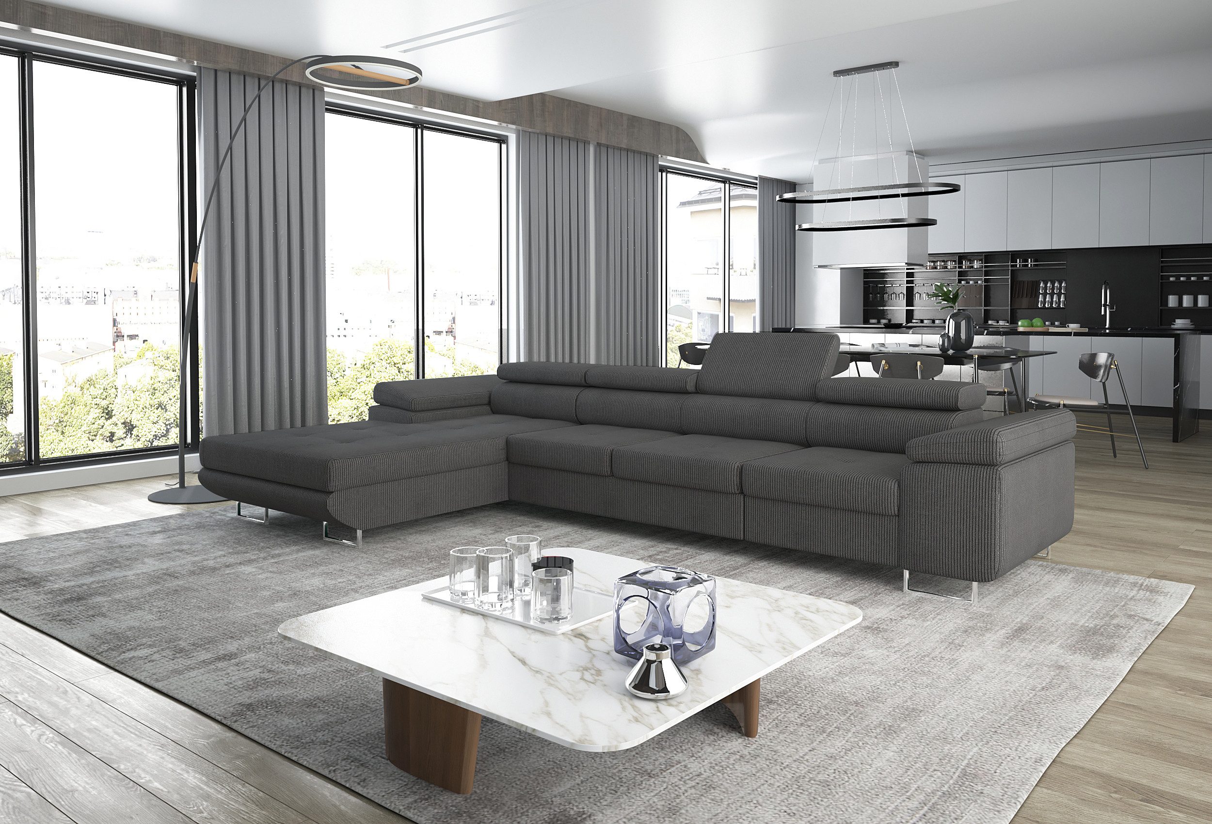 thematys Ecksofa ALVARO MAXI 355 x 204cm mit Schlaffunktion & Bettkasten –, L-Sofa mit 4 verstellbaren Kopfstützen, Samt (Monolotith), oder Cord (Poso) - L-Form, XL-Wohnlandschaft, 355 cm breit