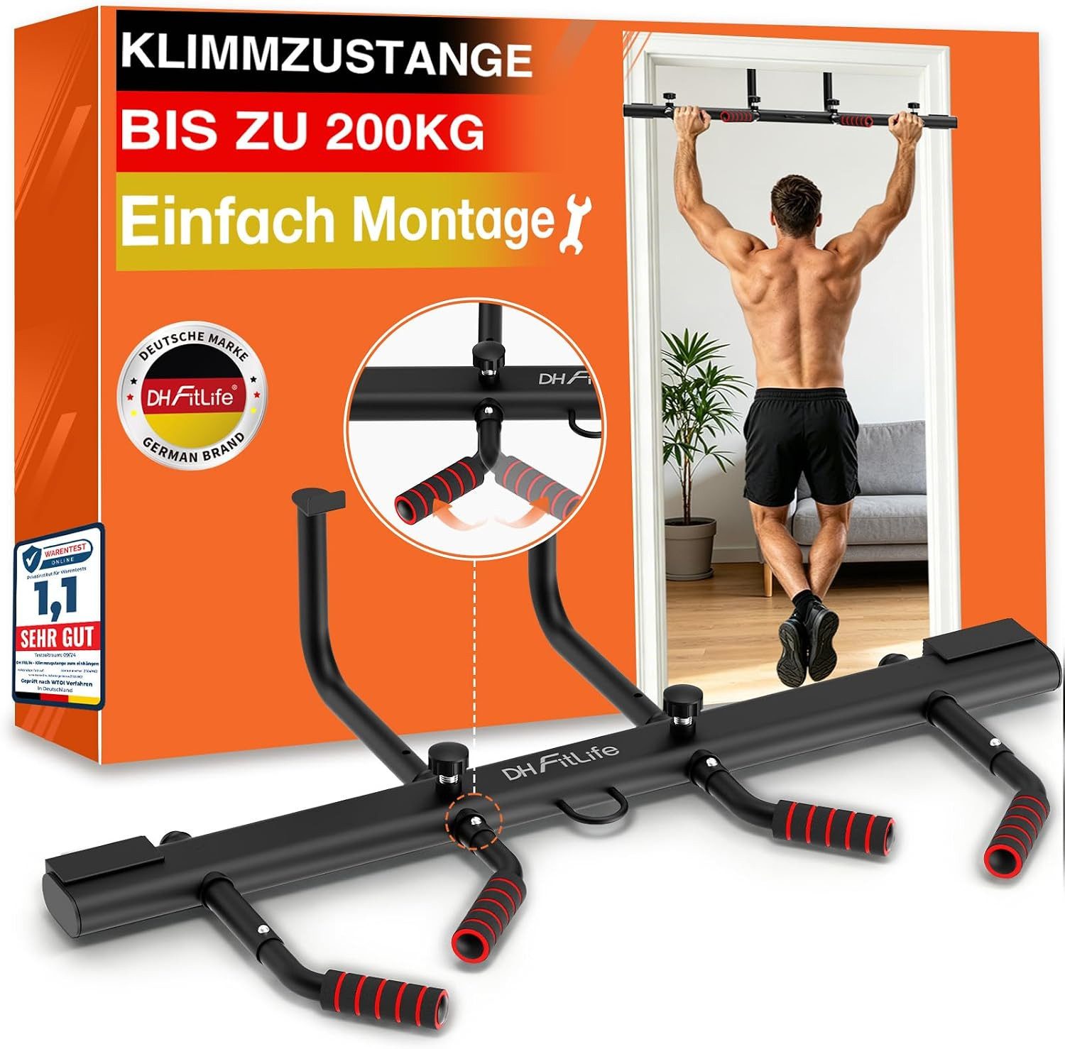 DH FitLife Klimmzugstange Türrahmen 50–90 cm verstellbar mit 4 Griffweiten (1-tlg., mit 2 Schlingentrainern und Türrahmenschonern), Ohne Bohren zum Einhängen, bis 200 kg, hohe Position
