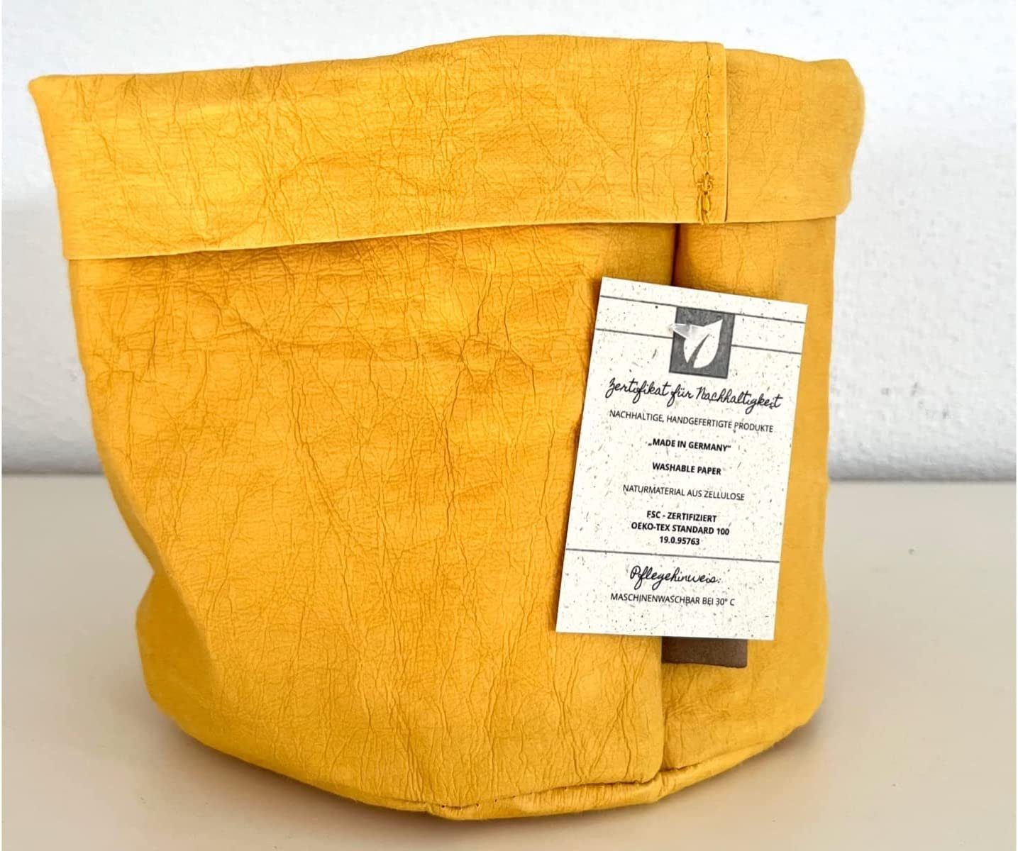 LK Trend & Style nachhaltigem M aus safran/gelb Leder, wie Papier rund aber waschbarem NATURMATERIAL Lederoptik AUS Papyr, papyr®, ist ZELLULOSE Brotkorb aus sieht Krempelkorb hergestellt