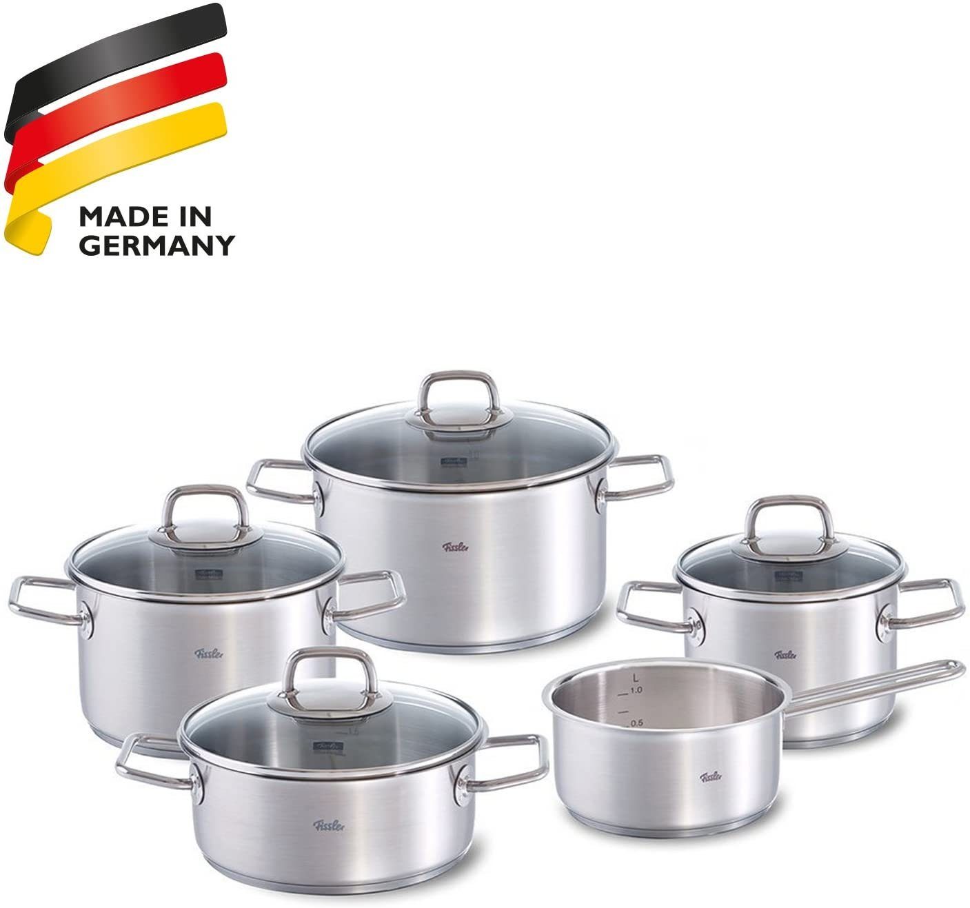 Fissler Topf-Set Viseo, Edelstahl 18/10 (9-tlg., je 1 Kochtopf 16/20/24 cm, 1 Stielkasserolle 16 cm, 1 Bratentopf 20 cm), Made in Germany,Induktionsgeeignet