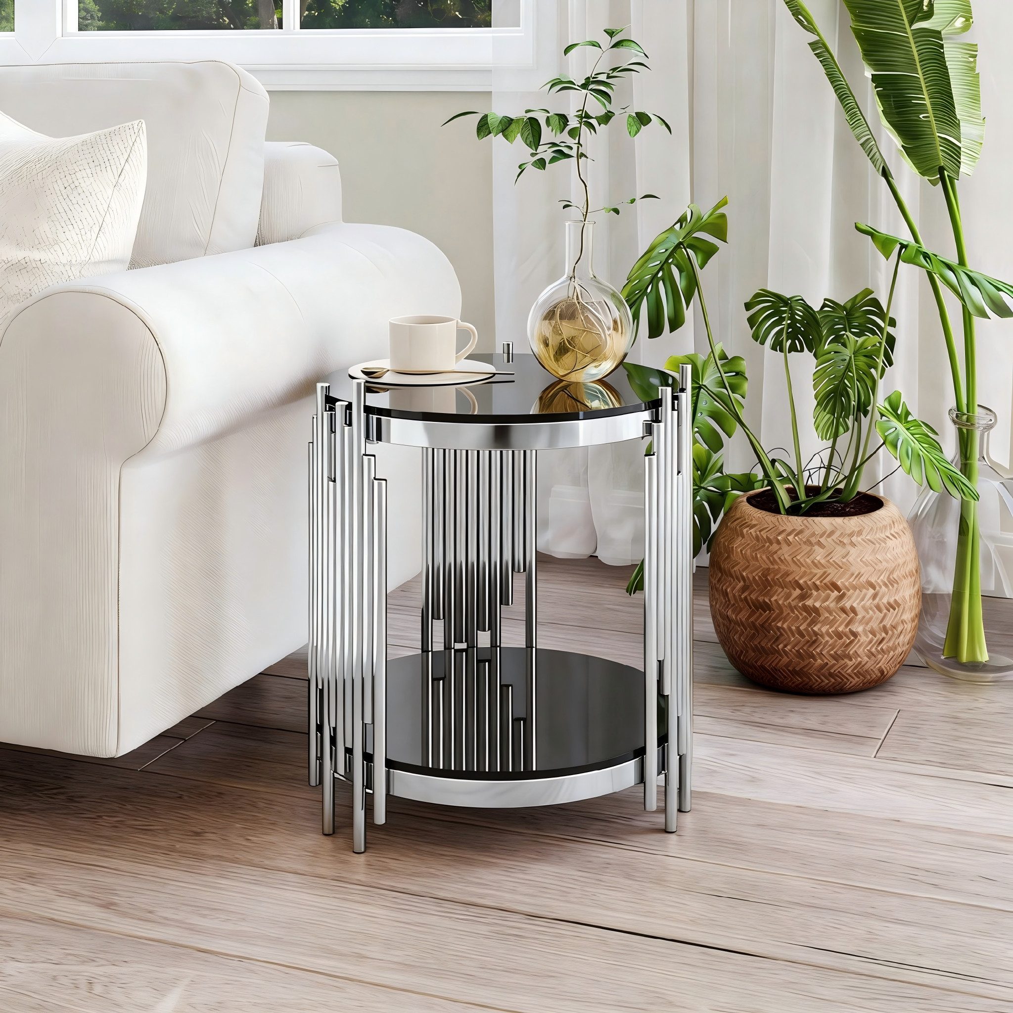 REDOM Beistelltisch Ø45 cm mit 2 Ebenen in Schwarz-Silber (mit robuster Glasplatte, stabiler Edelstahlrahmen, 1-St., Eleganter Akzenttisch für Getränke, Lampe oder Dekoration), Moderner Beistelltisch für Wohnzimmer, Schlafzimmer & Büro