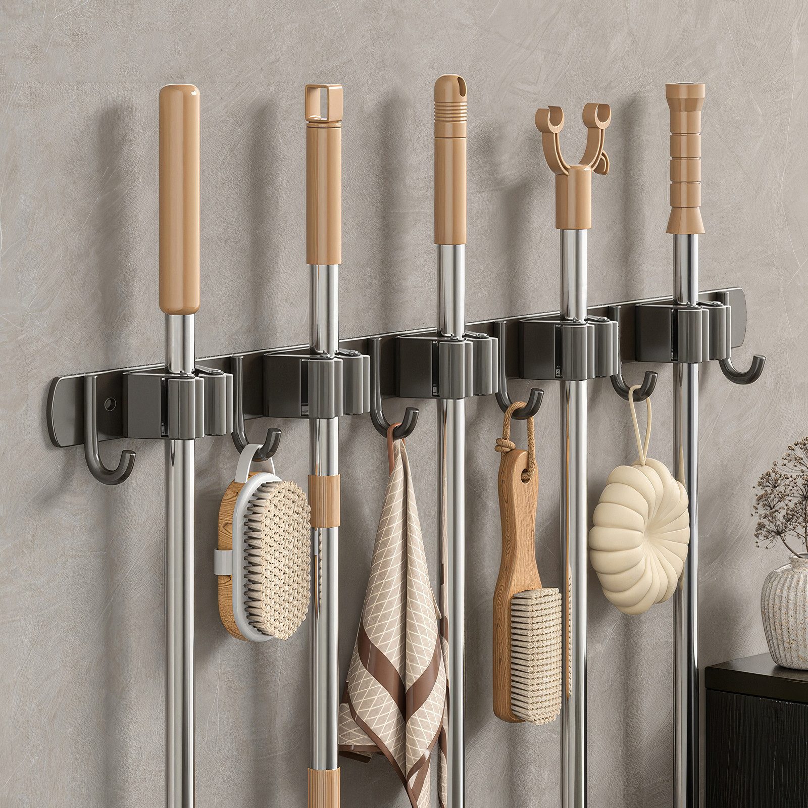 BlingBin Wandhaken Besenhalterung Wand Ohne Bohren, Besenhalter mit 5 Halter und 6 Haken, (1er Set, 1-St., mit 5 Halter und 6 Haken), Selbstklebend Edelstahl Organizer für Badezimmer, Garage, Garten