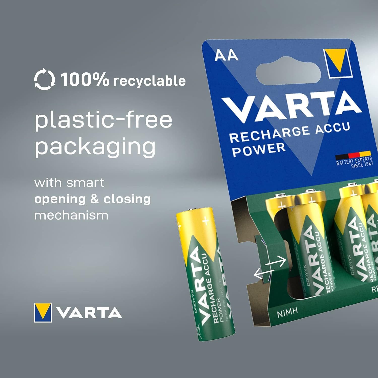 VARTA 4x Batterien AAA, wiederaufladbar, Recharge Akku, 800 mAh, vorgeladen Akku VARTA Recharge Accu Power AAA 800 mAh 800 mAh (1,2 V V, 1 St), bis zu 1000 Ladezyklen, kompatibel mit allen NiMH-Ladegeräten