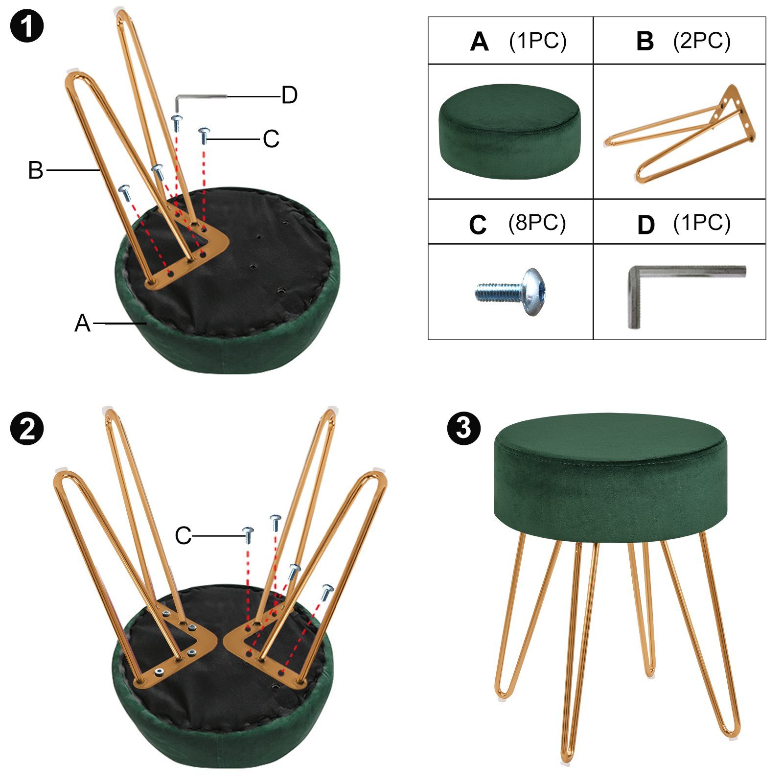 Duhome Hocker (9111), Sitzhocker Rund Hocker Samt oder Stoff Lederoptik Schemel Metallbeine
