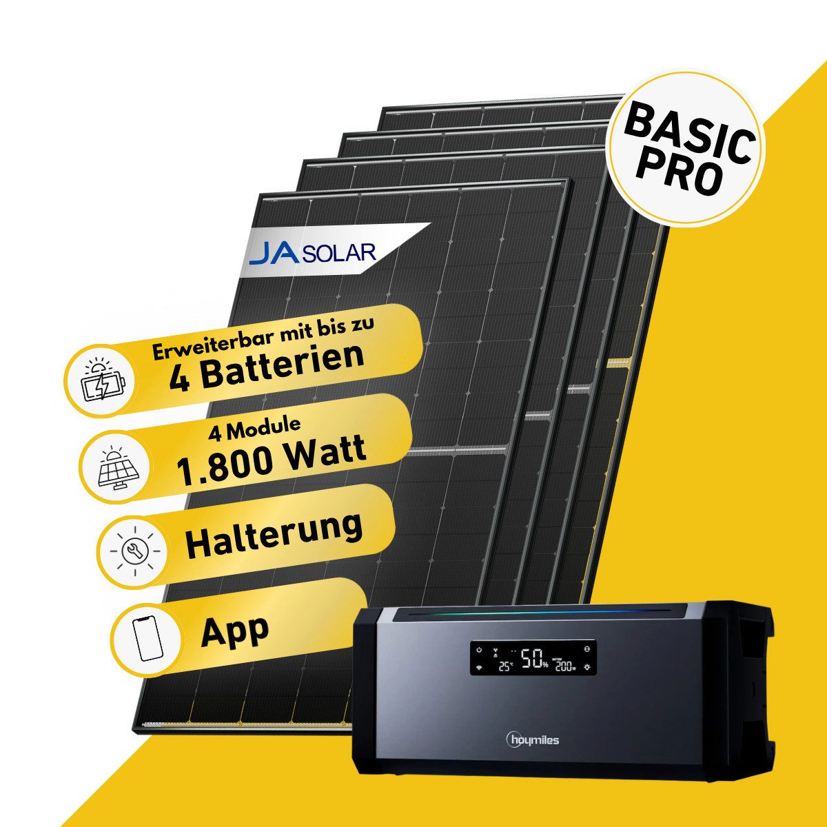 Balkonstrom Balkonkraftwerk Basic Pro 1800W Balkonkraftwerk mit Speicher Komplettset, 1800 W, Monokristallin, (4x JA Solarmodul á 450 Watt, 1x Hoymiles HiBattery 1920 AC, 1-4 Zusatzspeicher Hoymiles HiBattery), Halterung für Dach, Fassade, Balkon & Garten, App & Plug&Play DE
