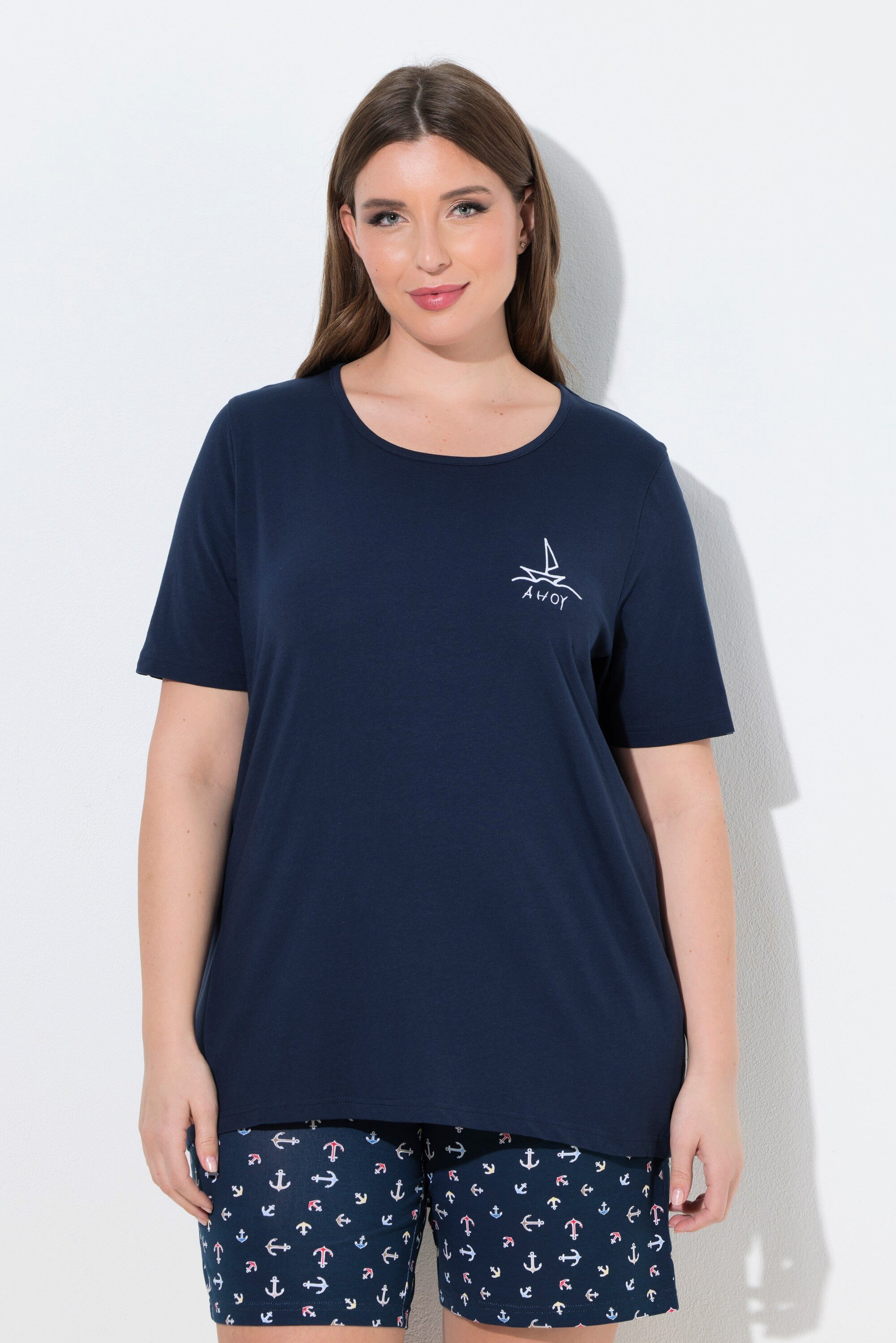 Ulla Popken Pyjama Pyjamashirt Segelboot Rundhals Halbarm
