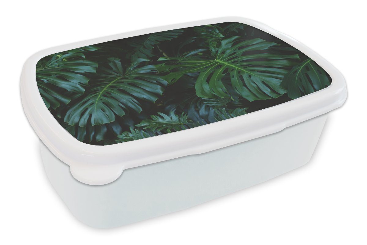 MuchoWow Lunchbox Dschungel - Laub - Grün, Kunststoff, (2-tlg), Brotbox für Kinder und Erwachsene, Brotdose, für Jungs und Mädchen weiß