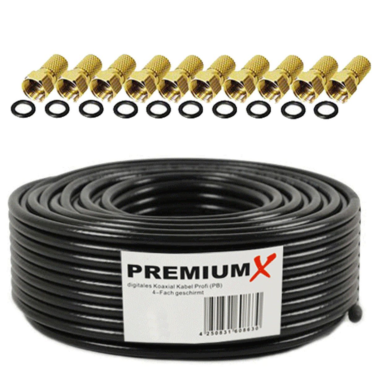 PremiumX 25m PROFI Koaxialkabel Schwarz 135dB 4-fach KUPFER 10x F-Stecker SAT-Kabel