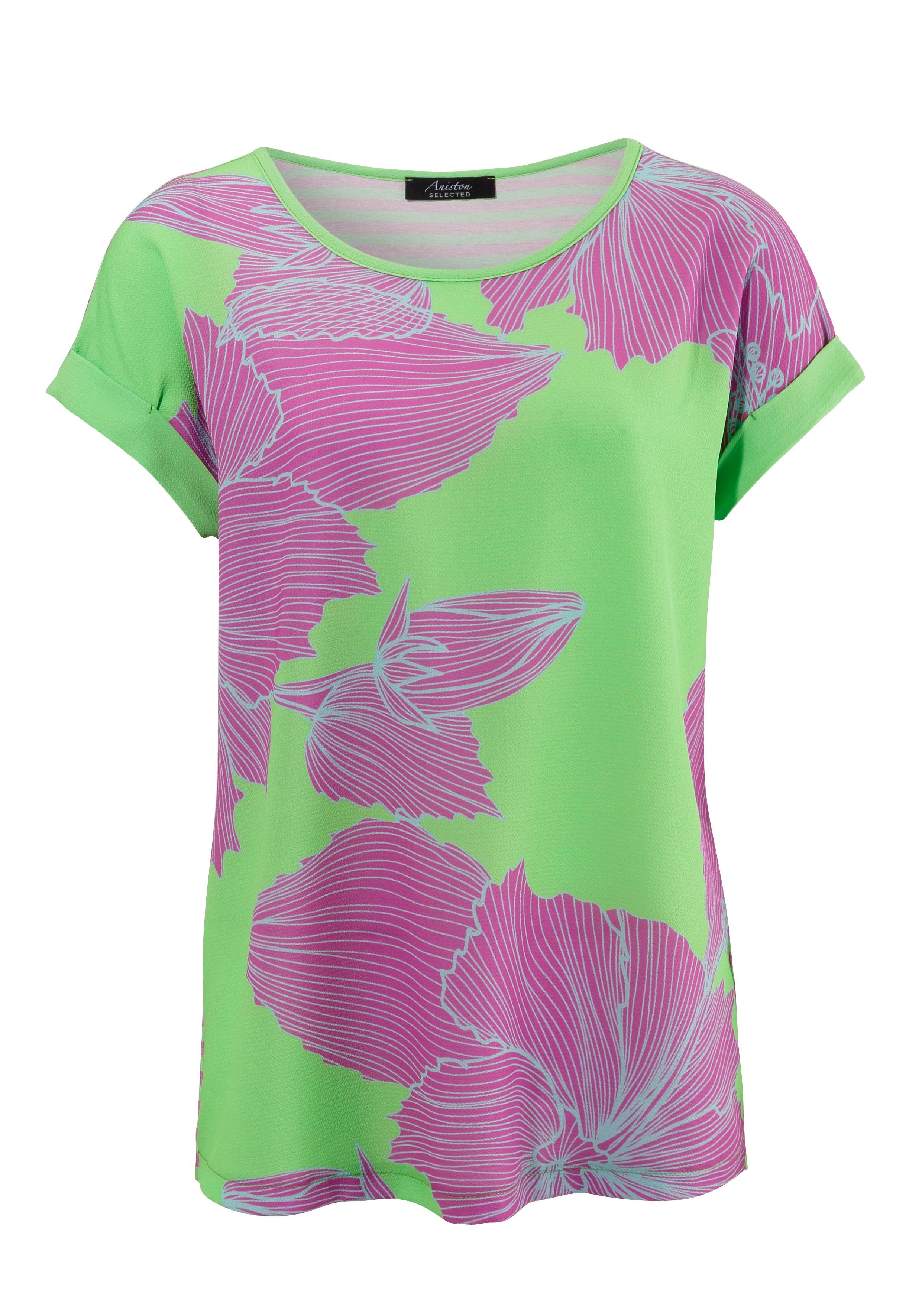 Aniston SELECTED Blusenshirt mit vorne hinten grün-lila-hellblau Streifen Blütendruck, mit