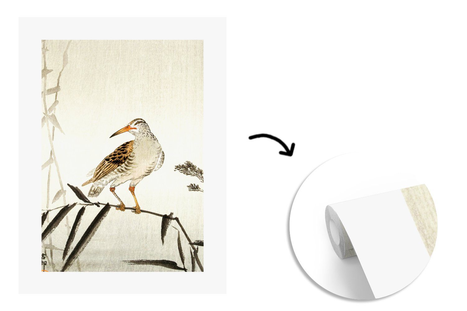 Natur Vogel - Skandinavisch, Matt, - Vinyl Japanisch (4 St), Fototapete Tapete Wohnzimmer, - Montagefertig bedruckt, für Wandtapete MuchoWow