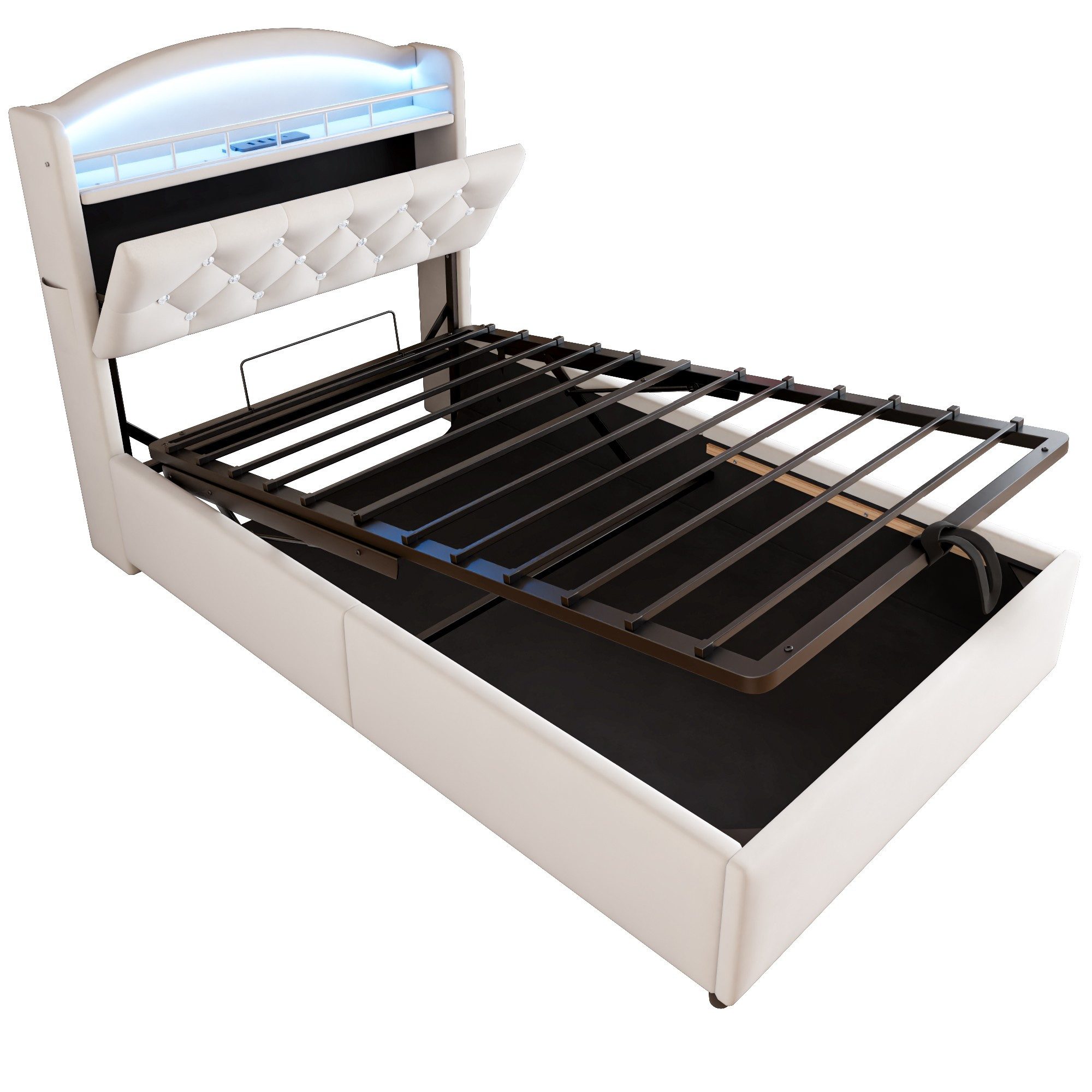 Fanttik Bettgestell Kinder-Polsterbett 90x200 mit Stauraum, LED & USB, Samt