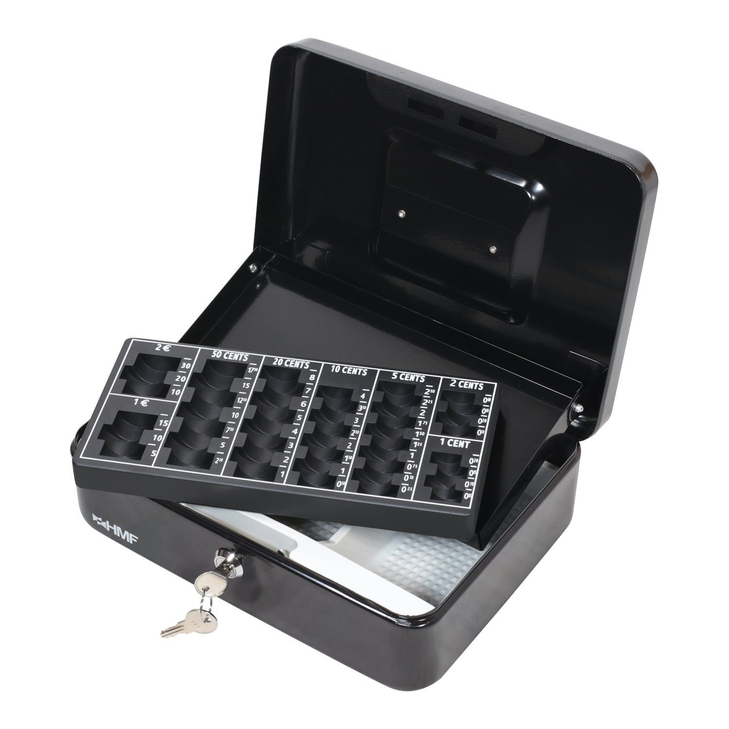 Geldkassette und Münzzählbrett mit Schlüssel, 25x18x9 Scheinfach, mit Bargeldkasse HMF robuste cm schwarz abschließbare Geldbox