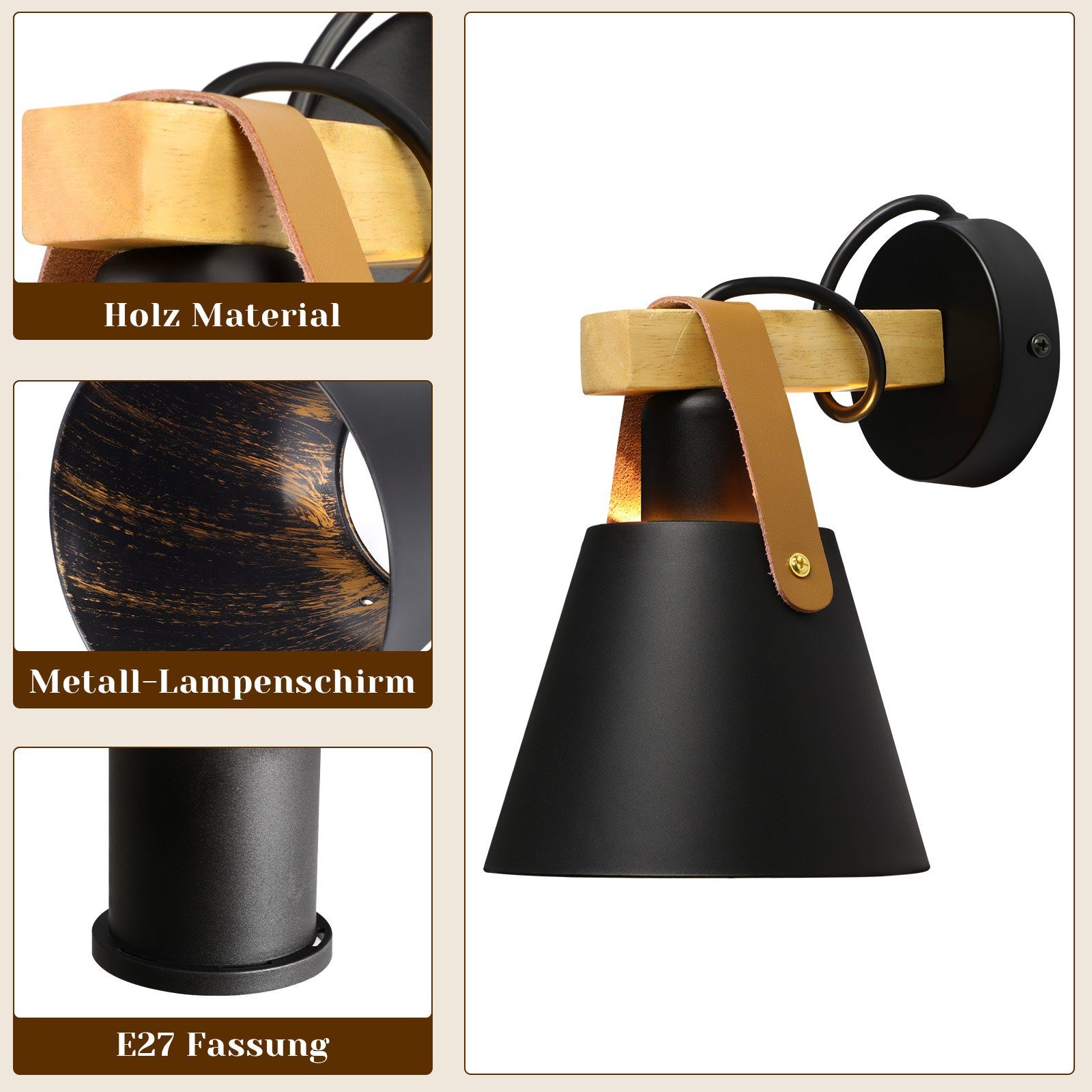 Nettlife Wandleuchte Wandleuchte E27 Schwarz braunen Leberband, LED wechsel günstig online kaufen